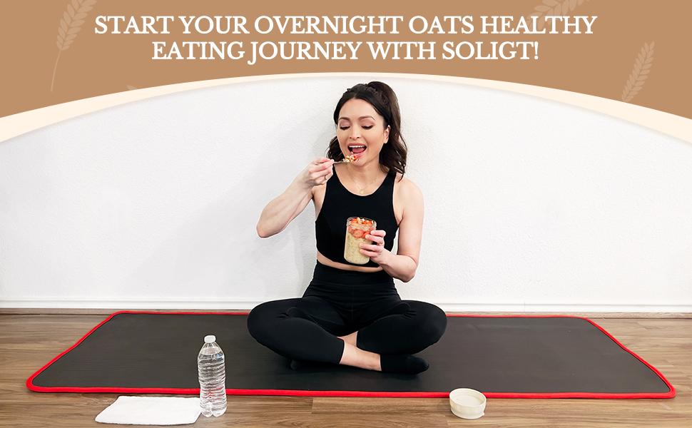 Soligt Overnight Oats Containers with Lids, Folding Spoons, and Divided Compartments for Fruit & Nuts, Small Glass 16oz Mason Jars for Oatmeal Yogurt Parfait Kitchen Utensils Portable Plastic Travel meal prep containers