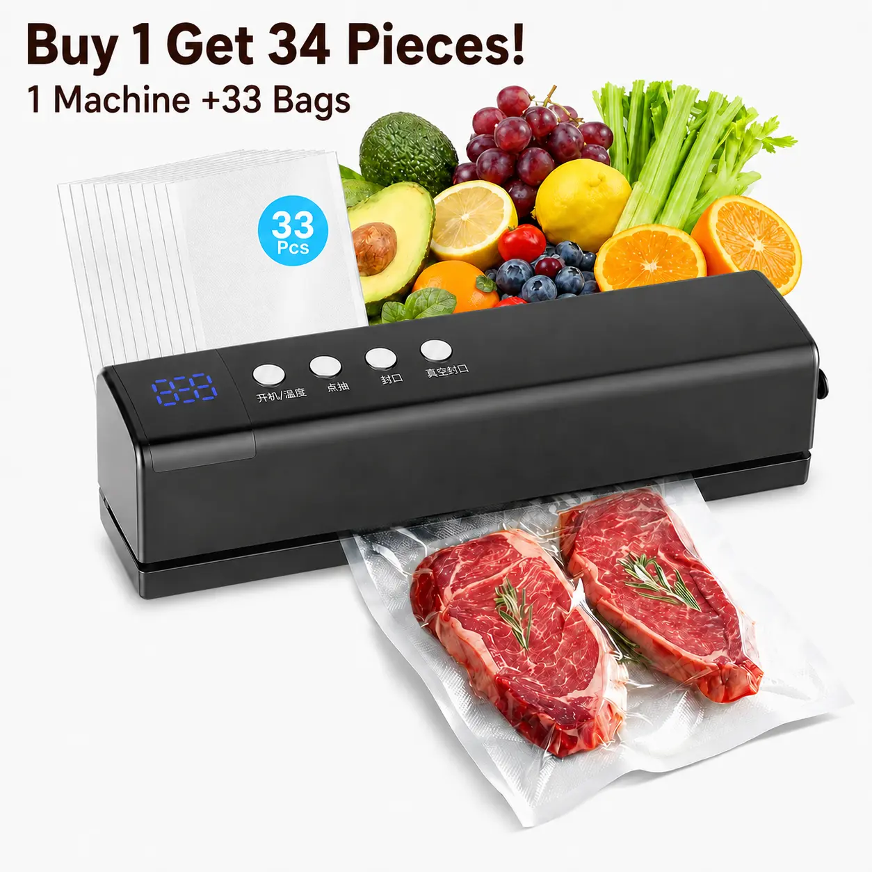 [Includes 33 Free Vacuum Seal Bags] Handheld Food Vacuum Sealer (Main Unit + 33 Reusable Vacuum Bags) — Suitable for Dry & Moist Foods, 60kPa Suction, Rechargeable 1800mAh Battery, One-Touch Operation