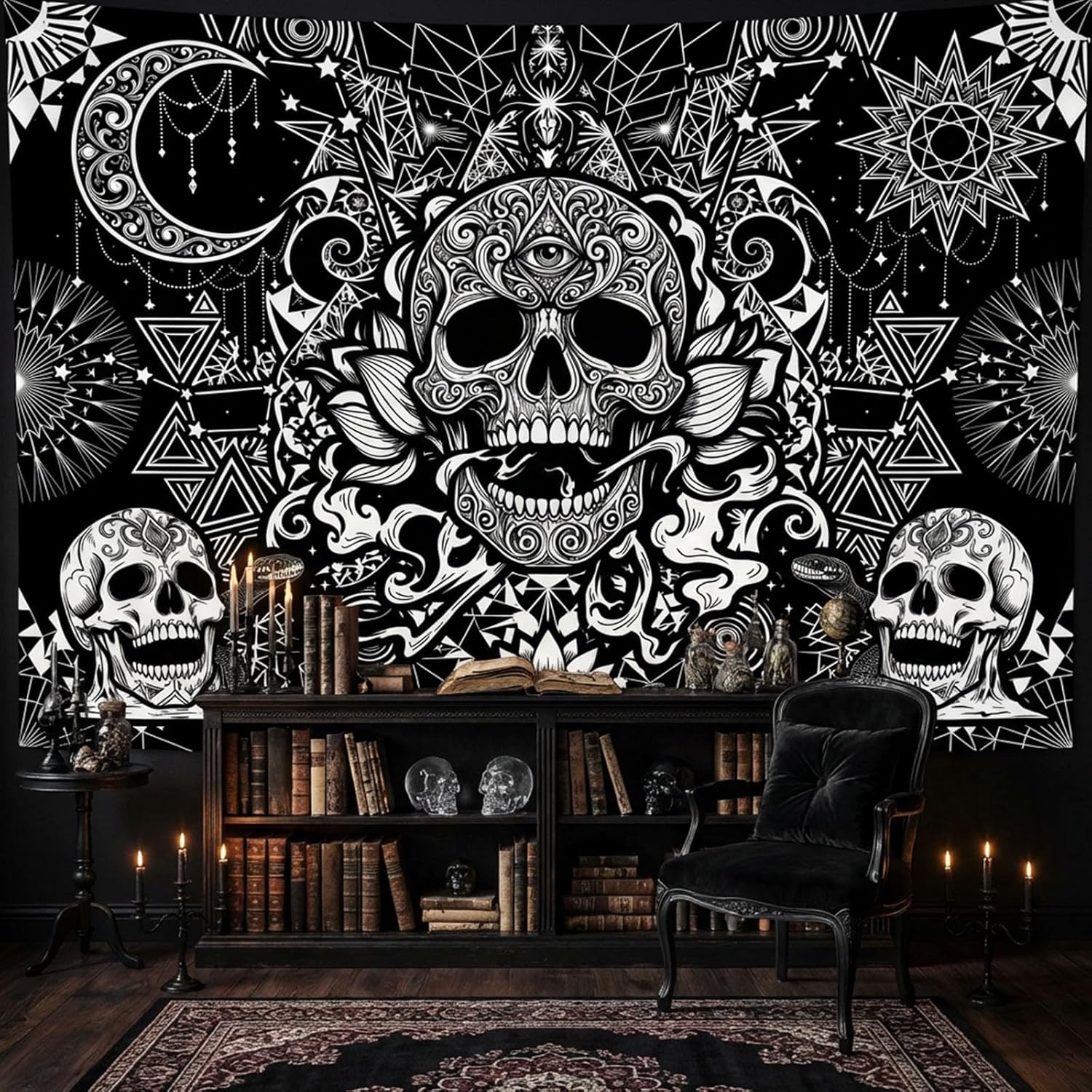 A Gothic mysterious skull tapestry, black and white moon snake wall tapestry, bedroom, dormitory, living room decoration