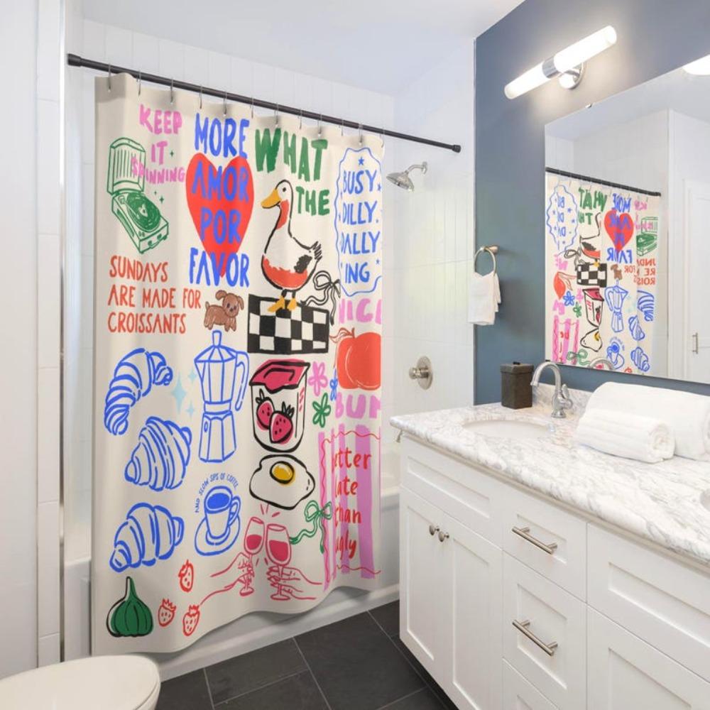 Hand Drawn Doodle Shower Curtain Brunch Shower Curtain Unique Bathroom Decor Housewarming Coffee Pastry Breakfast Goose Egg Strawberry Peach