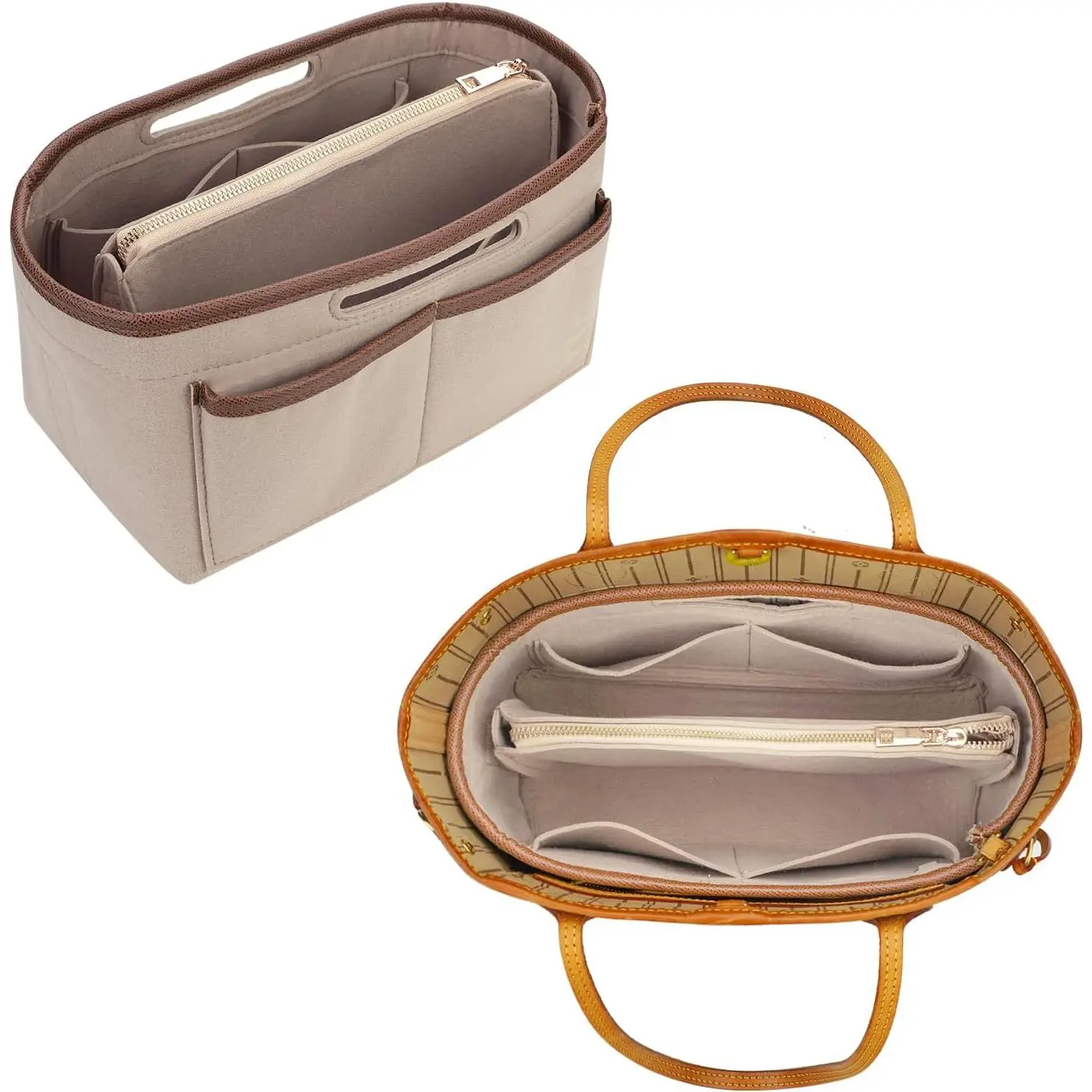 Purse Organizer Insert, Felt Tote Bag Organizer Insert for Tote Bag,Compatible with Longchamp, Le pliage Neverfull, Speedy and More (Beige, Large)