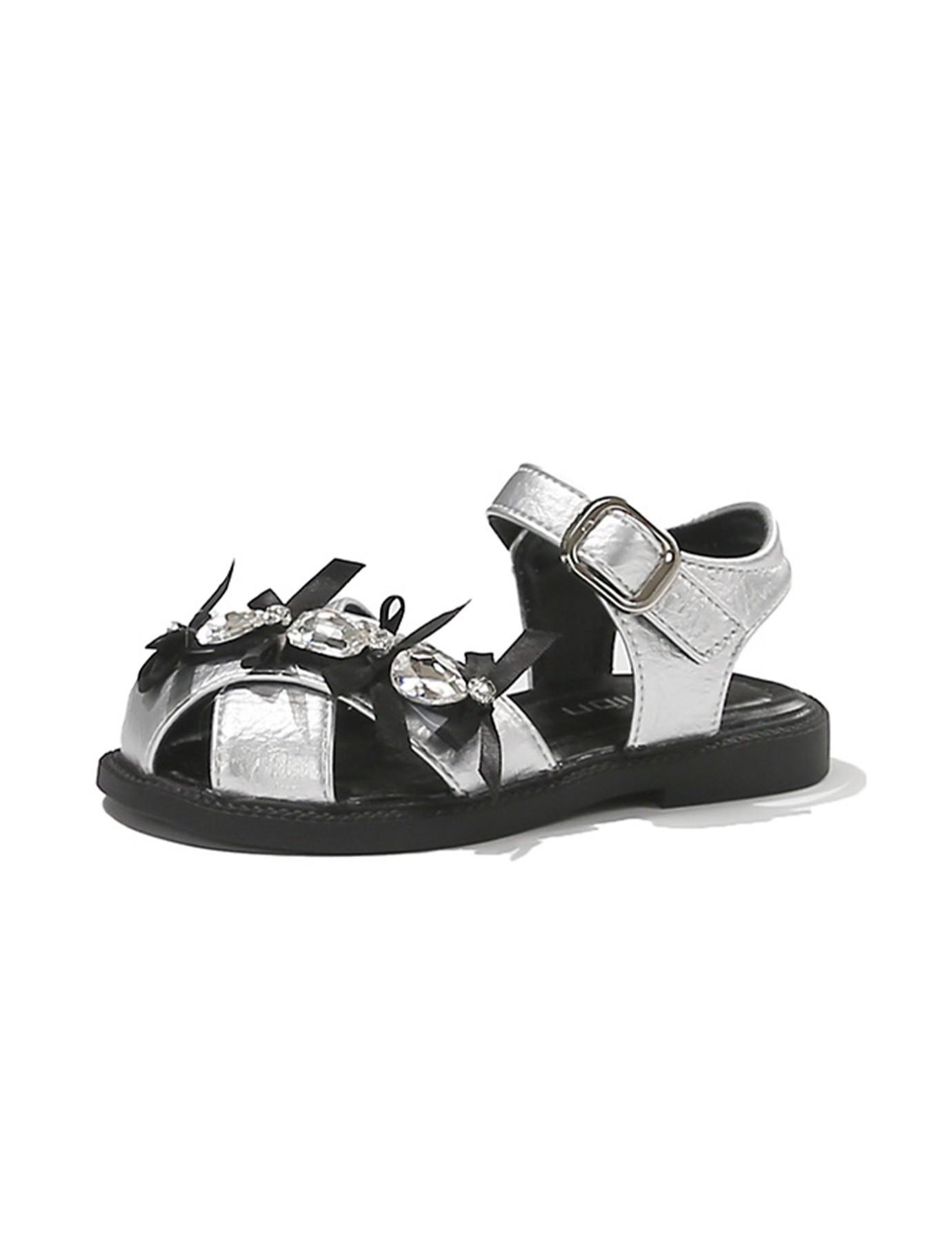 Girls' Closed-Toe Sandals, Soft Sole Anti-Slip, Rhinestone Bow, Velcro Closure, Ages 2-12, Comfortable Summer Footwear