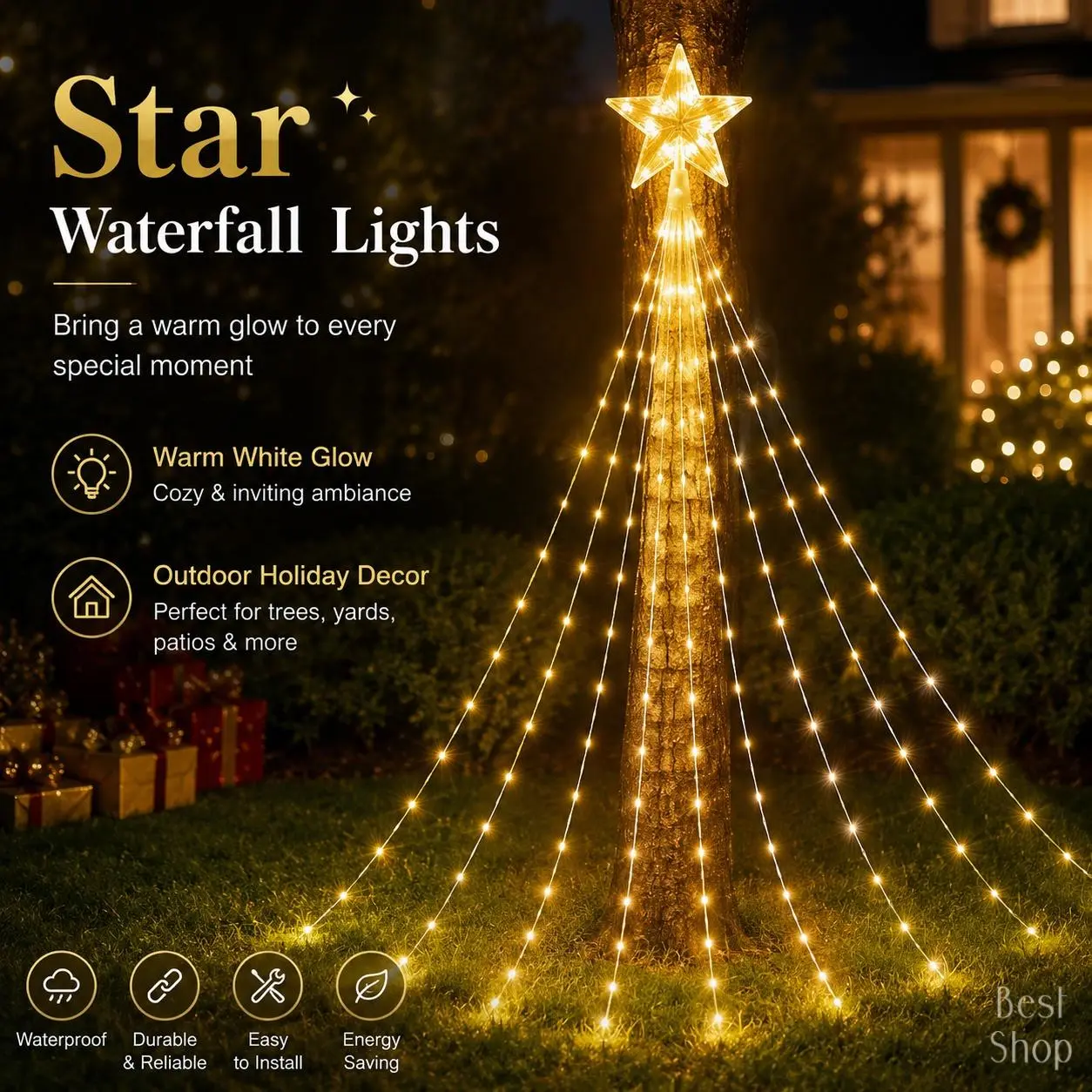 Outdoor Christmas Star Waterfall Tree Light, 8 Adjustable Modes Waterproof Hanging String Lights, Festive Holiday Ambience Decor for Garden Yard Patio Porch Backyard, Quick Setup Xmas Decoration for Outside Home & Winter Parties3