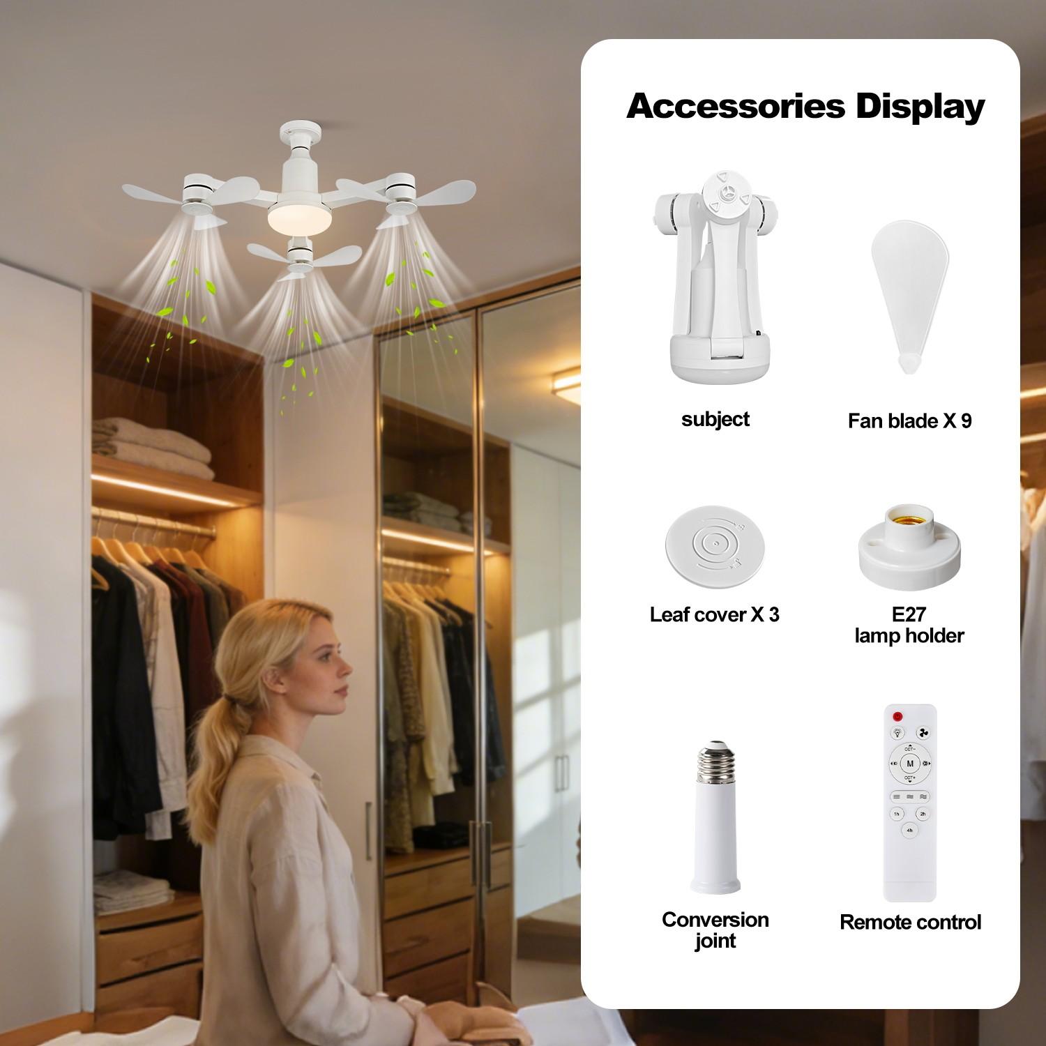 Ceiling Fan Light, E27 Socket, 3 Heads 9 Blades, Remote Control, Adjustable Brightness 3000k-6000k, 3 Speeds with Memory, Energy Saving