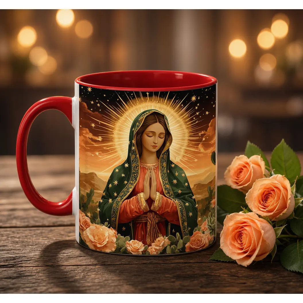 Virgin Mary Mug, Our Lady Of Guadalupe Coffee Mug With Golden Halo And Desert Roses, Religious Catholic Ceramic Cup, Gift For Her, Prayer Lovers, Faithful Believers