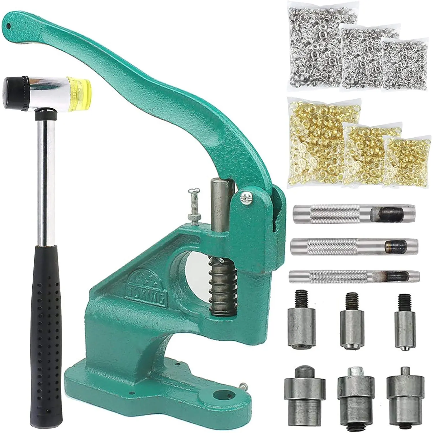 Hand Press Grommet Machine Tarp Grommet Tool Kit Heavy Duty Grommet Press with Punch Hole Tool,Rubber Hammer,3 Dies (#0#2#4),3000Pcs Sliver/ Grommets(1/4 3/8 1/2 inch) for Fabric Curtains Kit