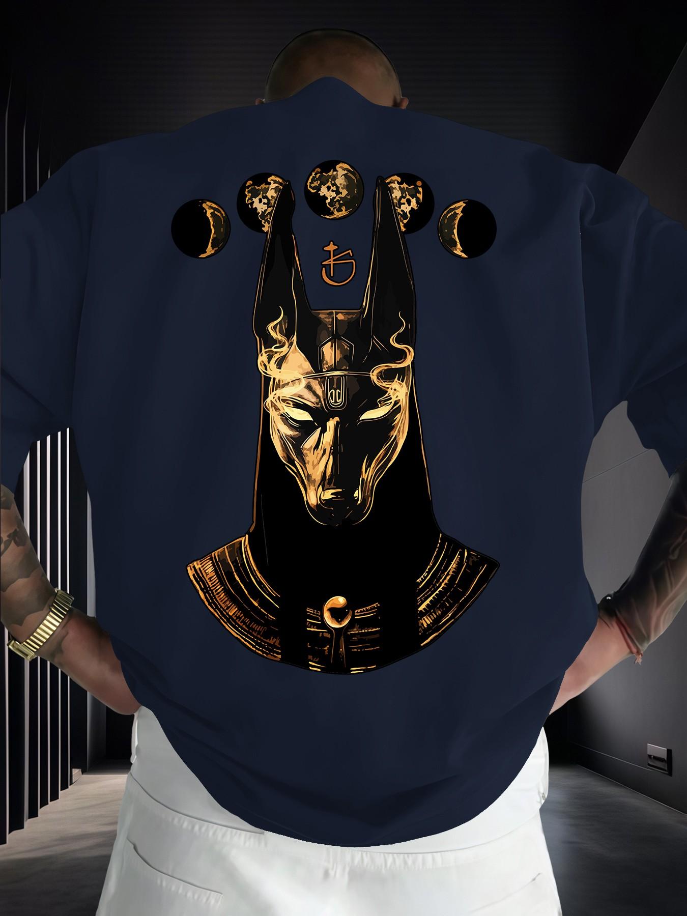 Anubis Moon Phase Egyptian Mythology Print Men's Fashion Short Sleeve Round Neck Casual Summer T-Shirt, Daily Wear
