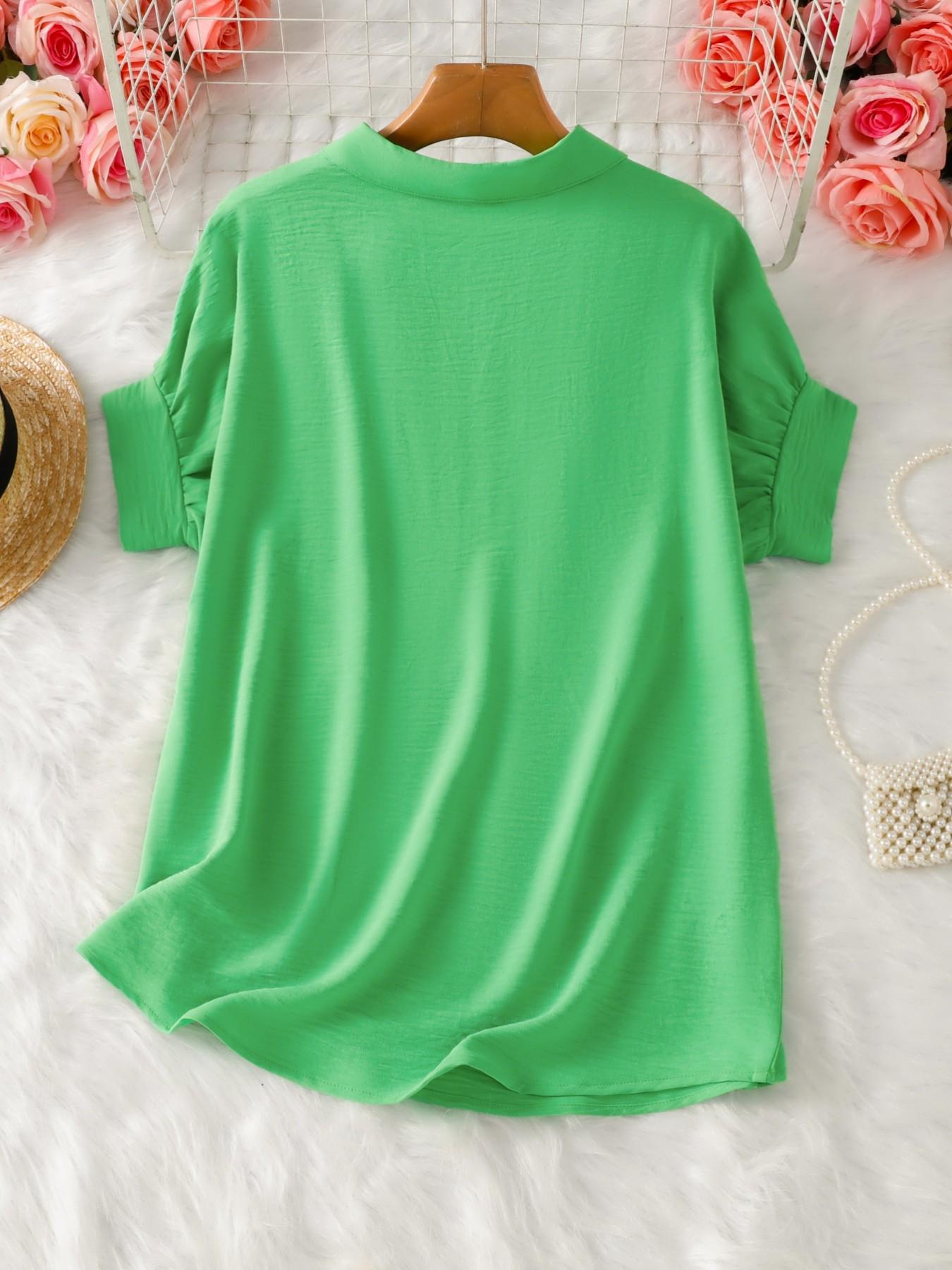 Women's Fashion Lapel Collar Solid Color Drop Shoulder Short Sleeve Shirt, Casual Summer Top, Stylish Ladies' Blouse