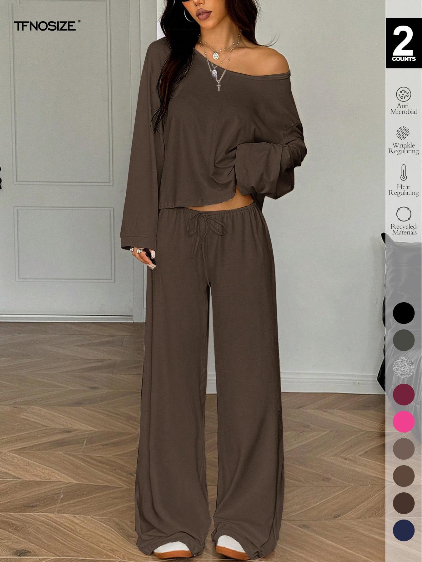 Women's 2-Piece Sleepwear Set, Elegant Solid Color Loose-Fit Long Sleeve Thermal Top and Pants, Pajama Set for Autumn and Winter