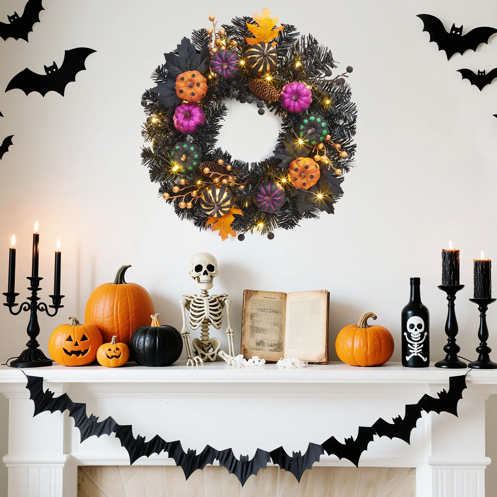 20in Pre-lit Halloween Wreath for Front Door - Pumpkin Wreath with 20 Timer Lights, Black Branches, Maple Leaves - Festive Home Decor for Indoor Wall, Window