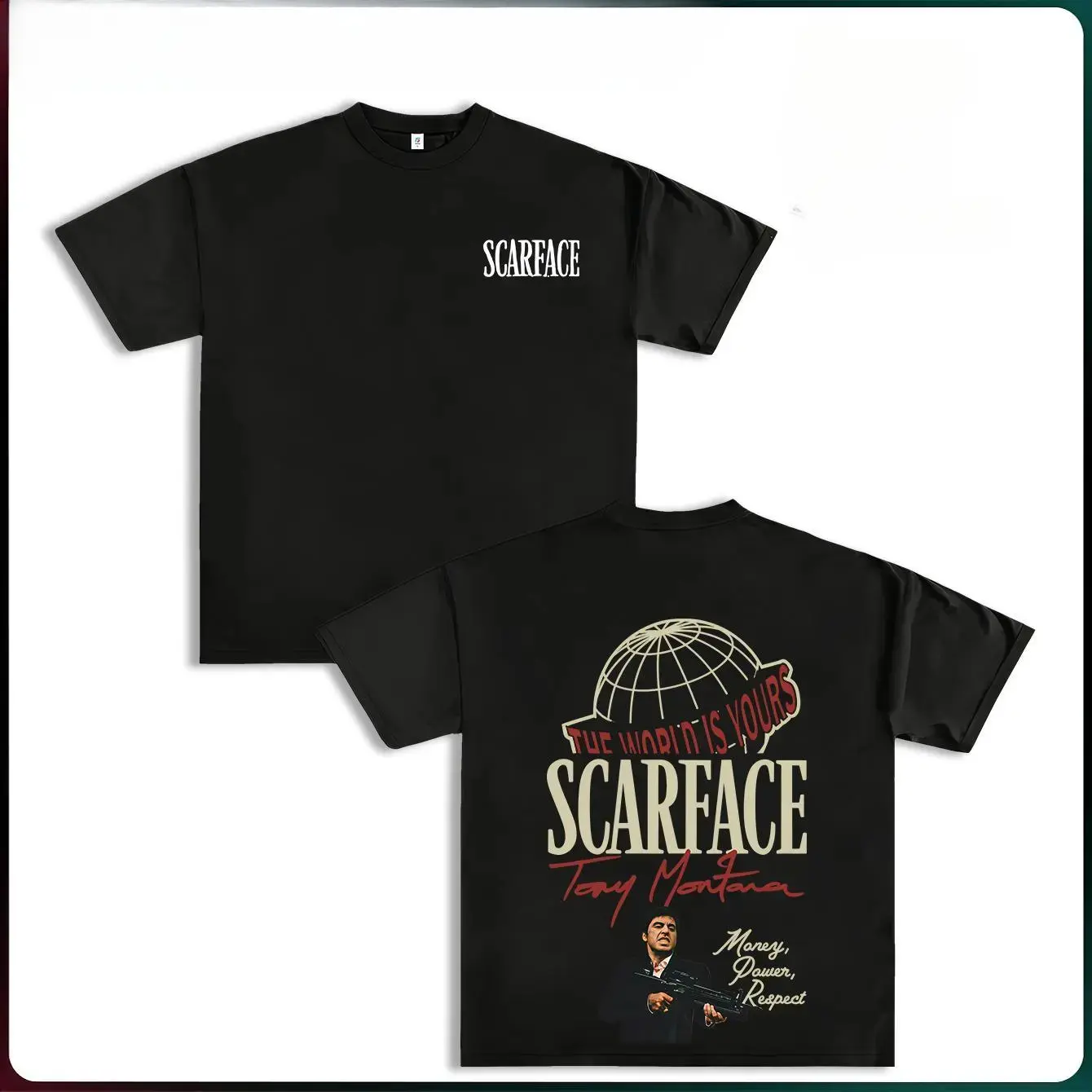 FEEGO Scarface Two Sides Graphic Tee - The World is Yours Design with Tony Montana Iconic Image Perfect for Movie Fans and Streetwear Enthusiasts Menswear Casual Crewneck Tshirt  Y2K Streetwear Tee good  graphic  tees gifts for him