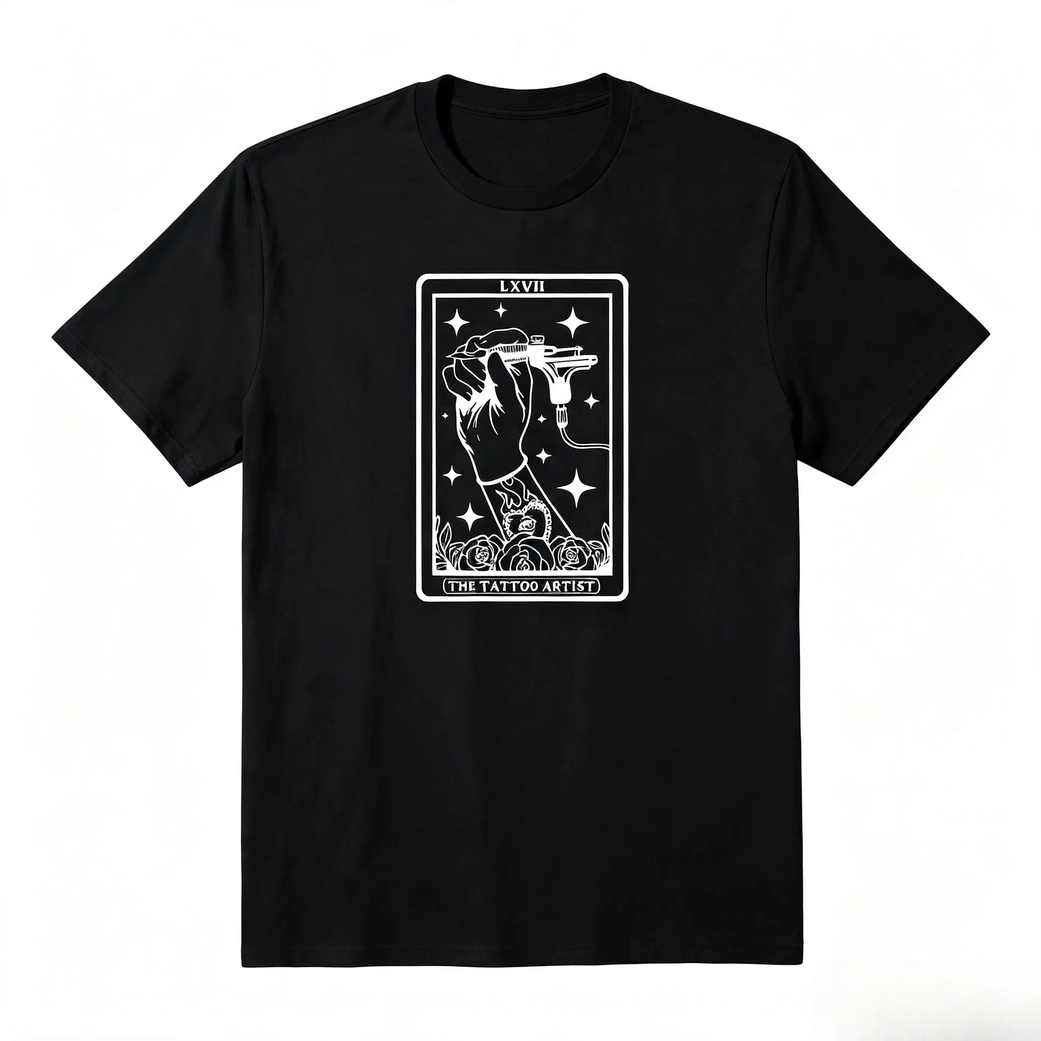 The Tattoo Artist Tarot Card Graphic Cotton T-Shirt, Oversized Comfort Fashion Outfit, Tattoo Gun Rose Vintage Tarot Casual Top, Perfect Valentine's Day Holiday Gift for Lovers, Family, Friends For Him Her