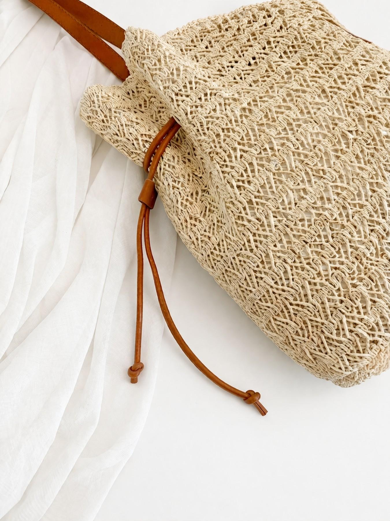 Straw Bucket Bag for Women, Woven Drawstring Shoulder Tote, Summer Beach Handbag, Large Capacity Vacation Boho Purse