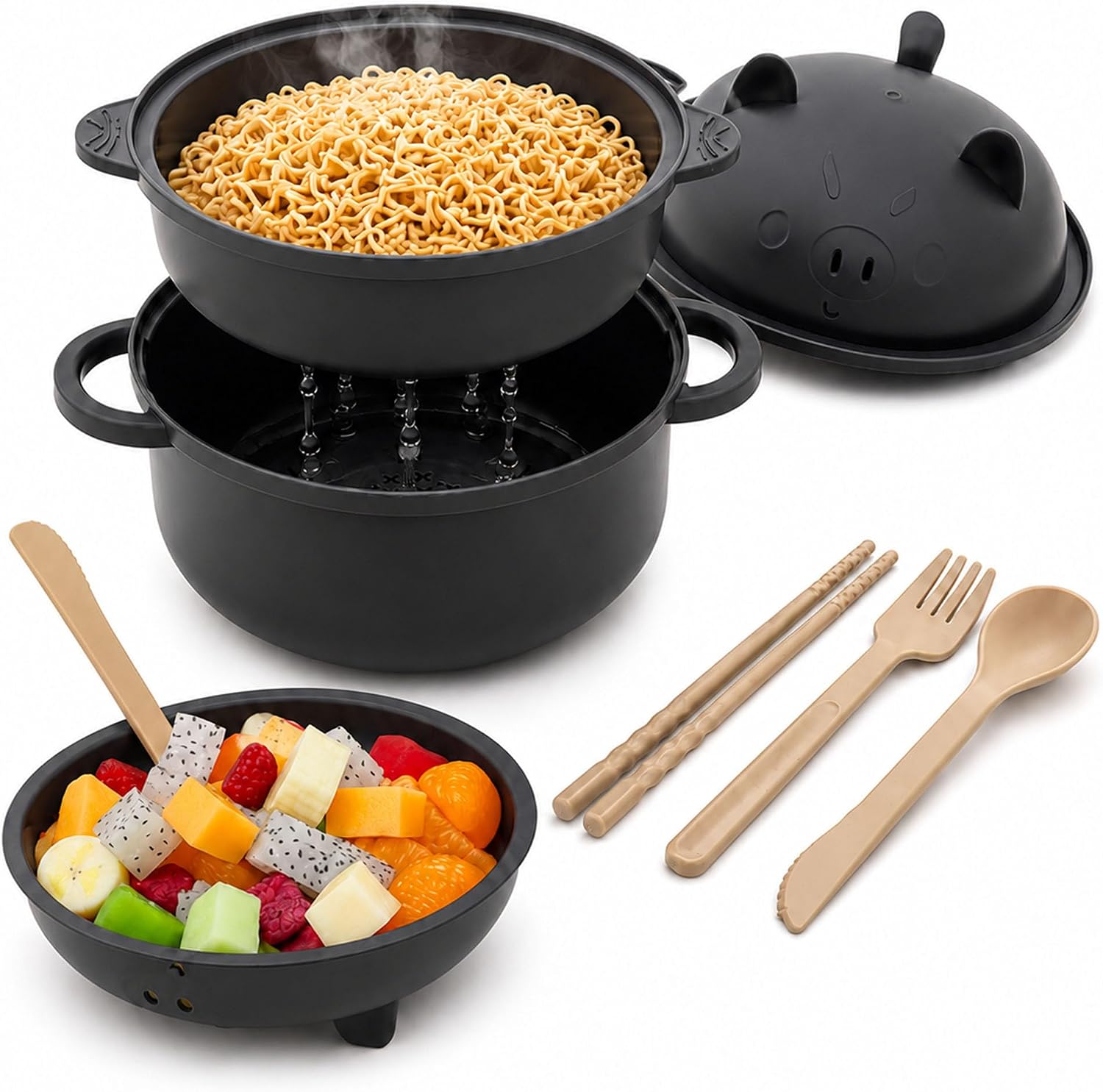 Nifogo Stylish Wheat Straw Cartoon Pig Ramen Noodle Bowl Set - 43oz(1300ml) Microwave-Safe Ramen Cooker with Strainer Lid, Handle, Spoon, Fork, Chopsticks, Stackable Bowls - Camp Kitchen Ware for Home,Camping Use