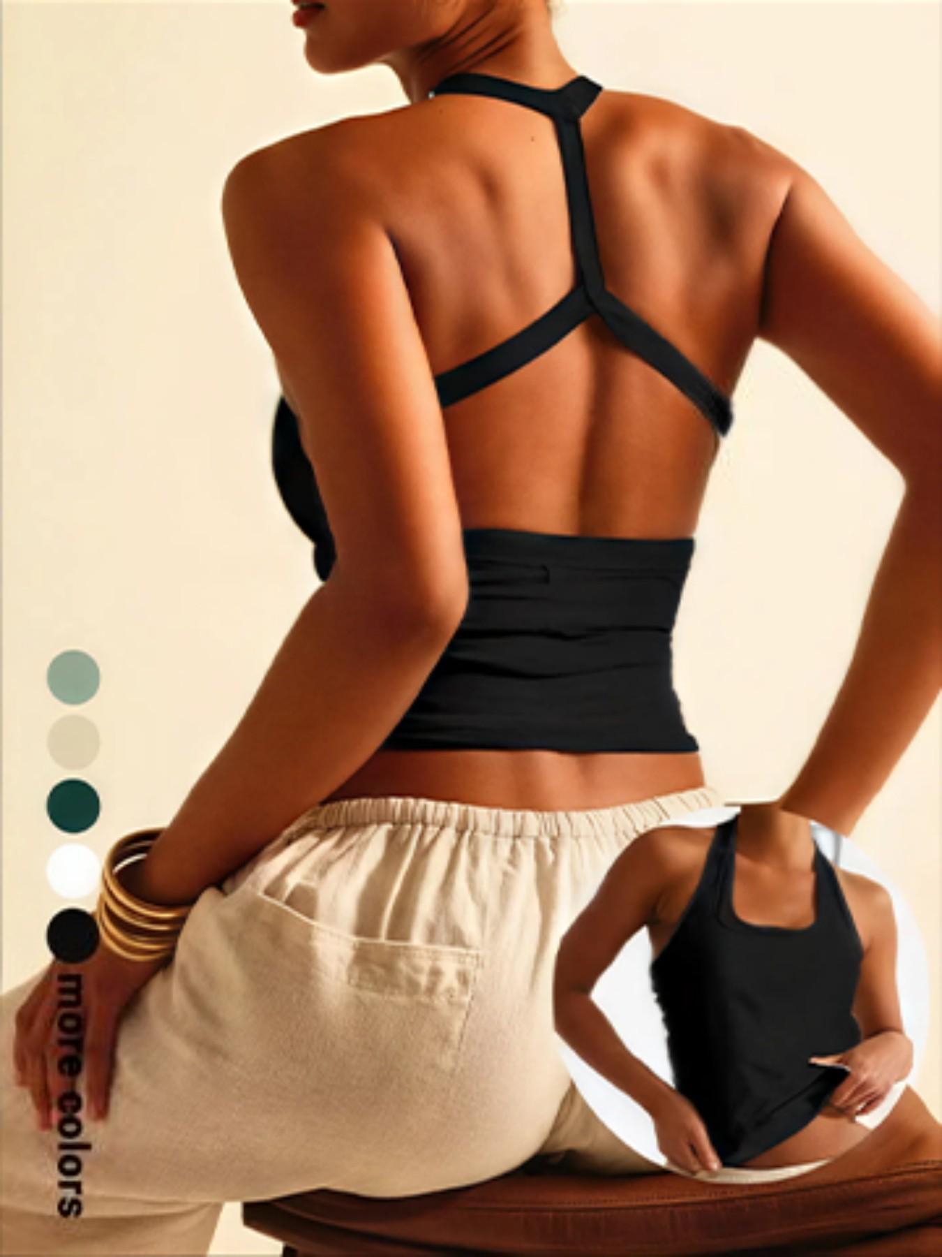 Backless Sleeveless Sports Bra Tank Top, Cross-Back Design, Comfortable Casual Wear, Daily Date, Slim-Fitting Short Style, Yoga Sports Bra