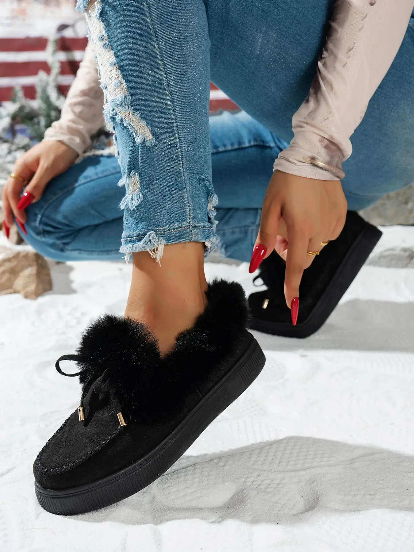 Ladies Cold Season Slip‑On Loafers, Plush Trim Bow Accent Hand‑Stitched Detail Chunky Platform Sole Multi‑Color Fashion Women Shoes For Indoor Leisure Street Outing And Holiday Casual Occasions