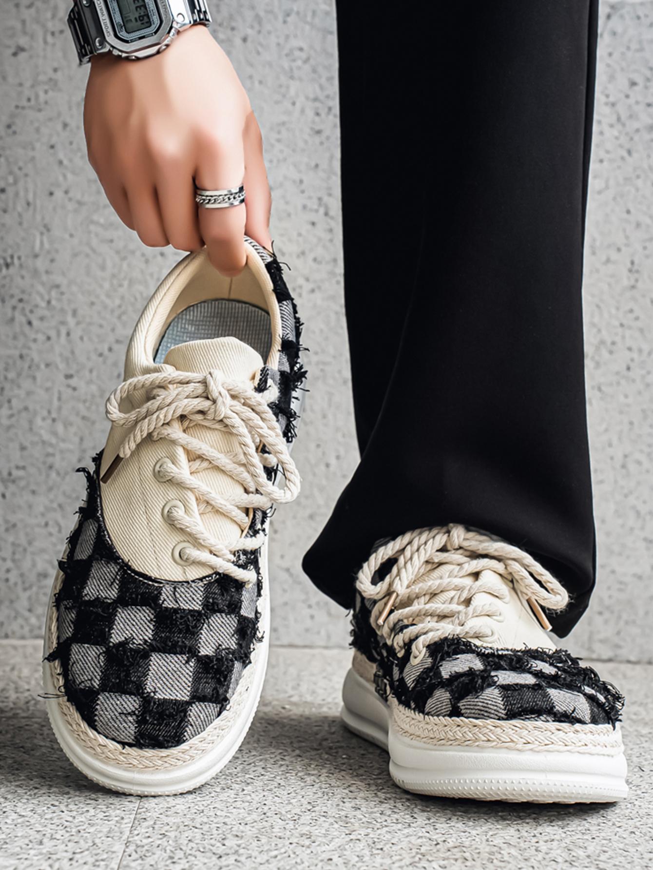 Summer New Men's Plaid Patchwork Hemp Rope Laces, Vintage Straw Trim Soft Elastic Thick Sole, Casual Checkered Shoes for Commute and Streetwear