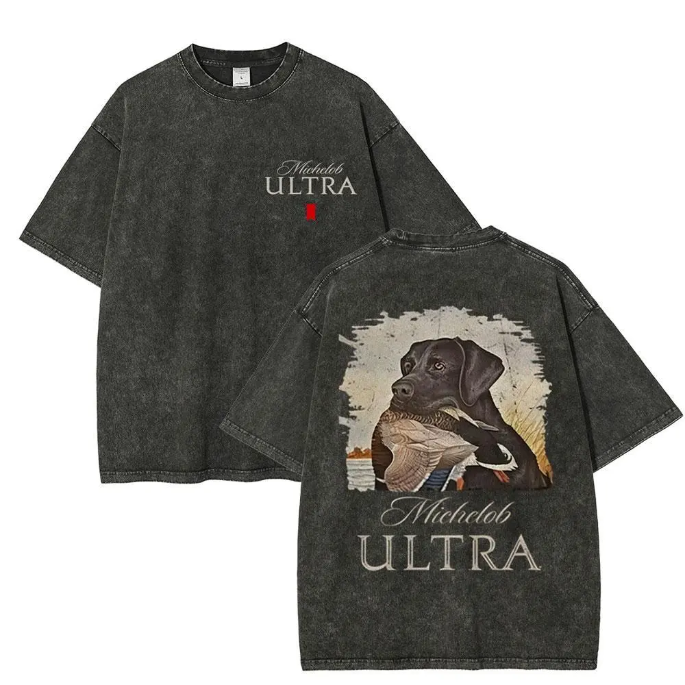 Women's Round Neck Shortleeve Cotton Fabric Tee Top, Michelob Ultra Mallard-Dog 2-Sided Graphic, Classic Cut, Boyfriend Birthday Gift