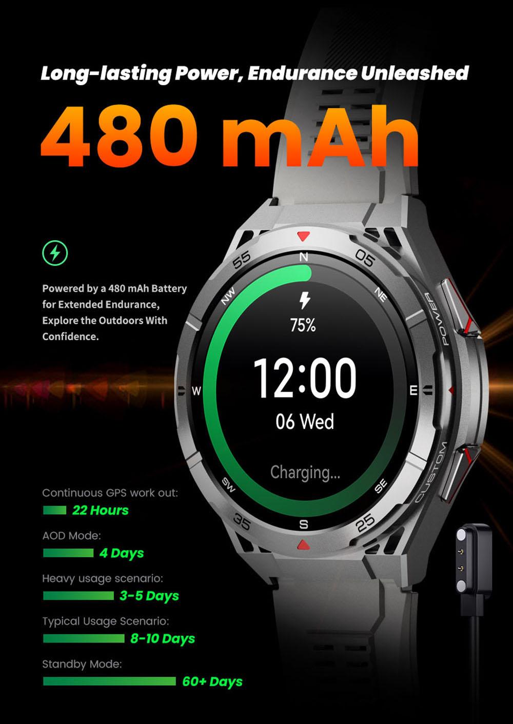 Outdoor sports 100+ sports mode, 1.43-inch full touch screen, 480mAh large-capacity battery, GPS tracking, wireless call, air pressure compass, voice assistant, message notification, compatible with IOS and Android, outdoor sports smartwatch