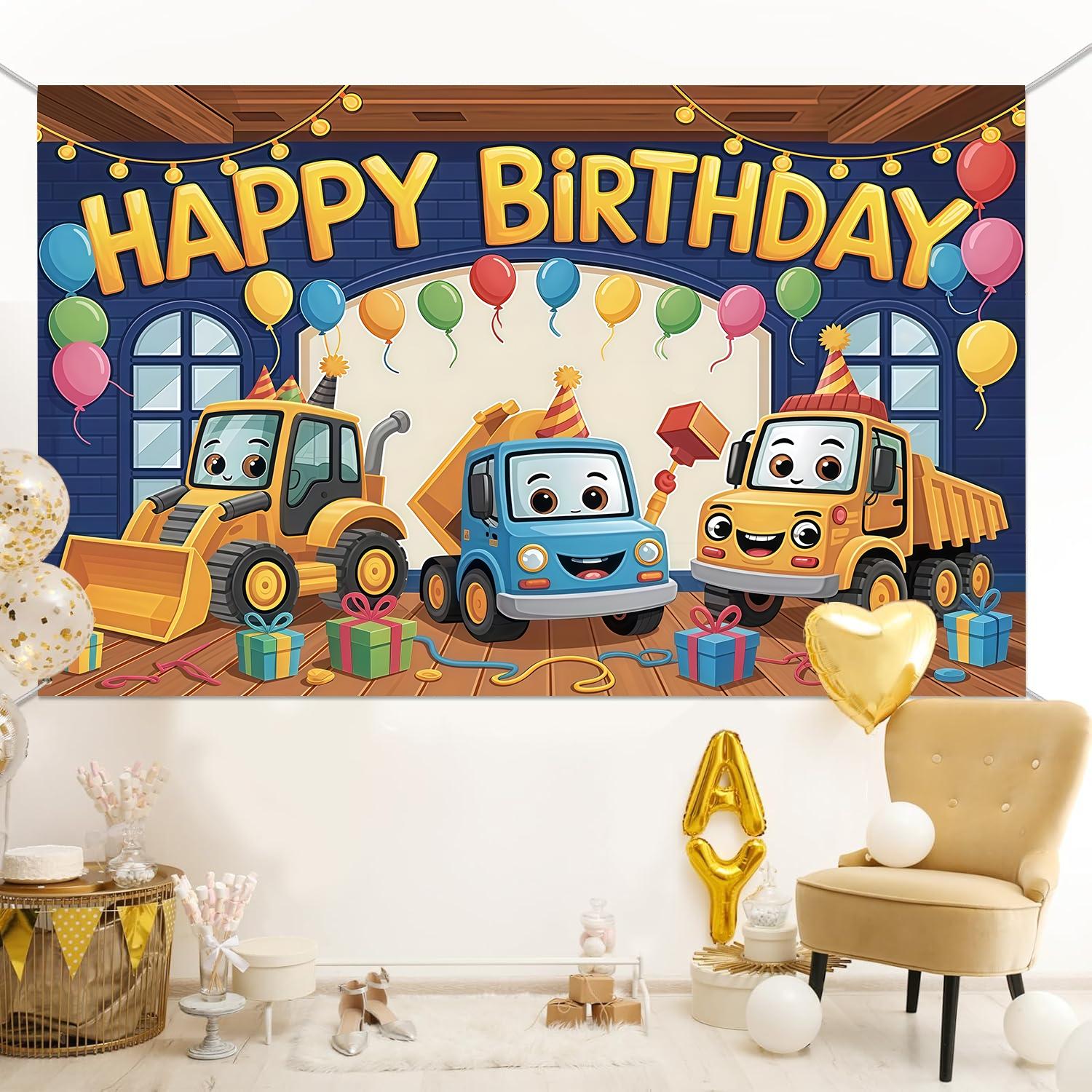 Construction vehicle birthday background banner, bright cartoon truck and balloon design, made of polyester material, suitable for living rooms, bedrooms, offices, birthdays, anniversaries, home decoration, outdoor and indoor parties