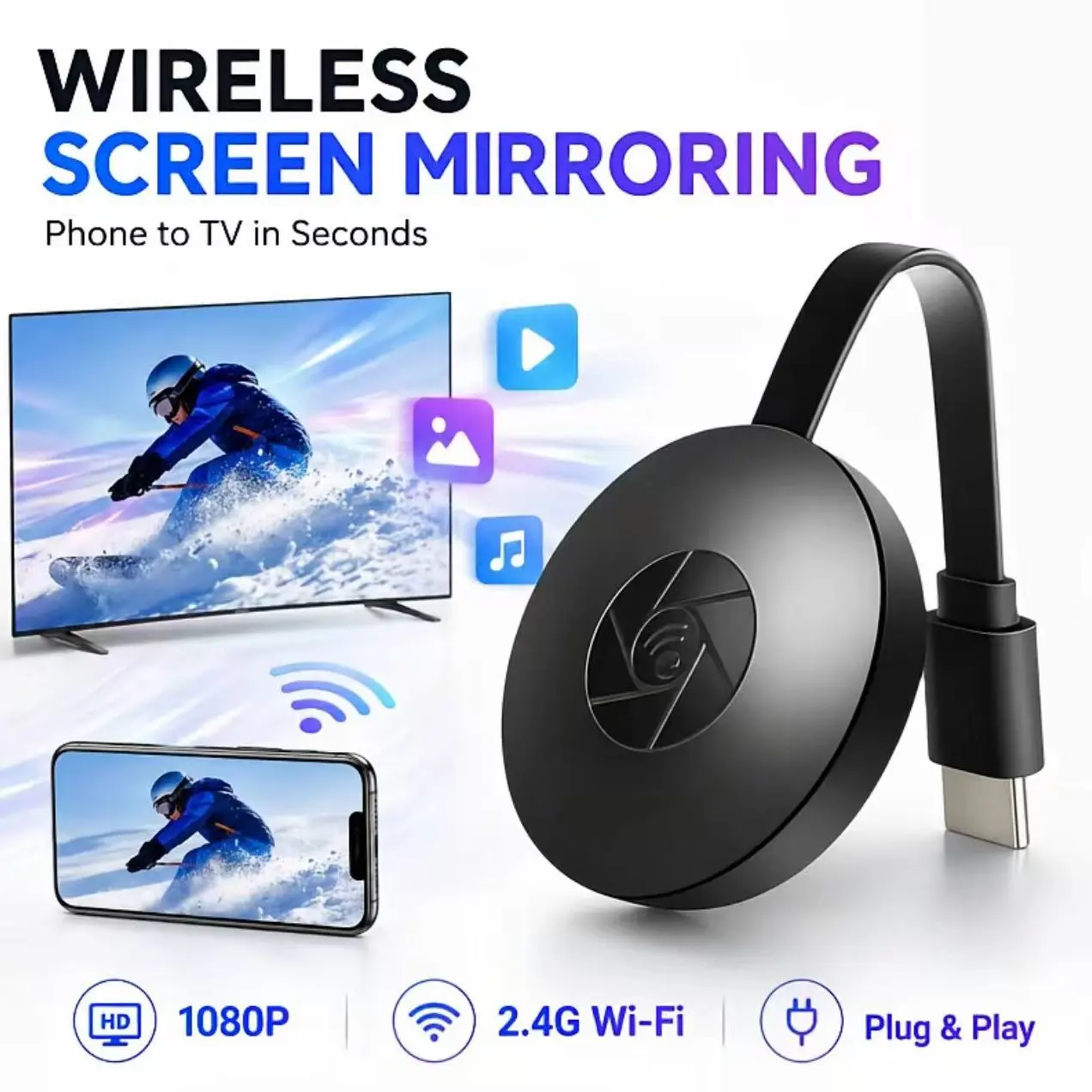 Wireless HDMI Screen Mirroring Device, Android iOS Compatible, 1080P HD Low Latency, Home Theater, Gaming, Online Teaching, Conference Demo