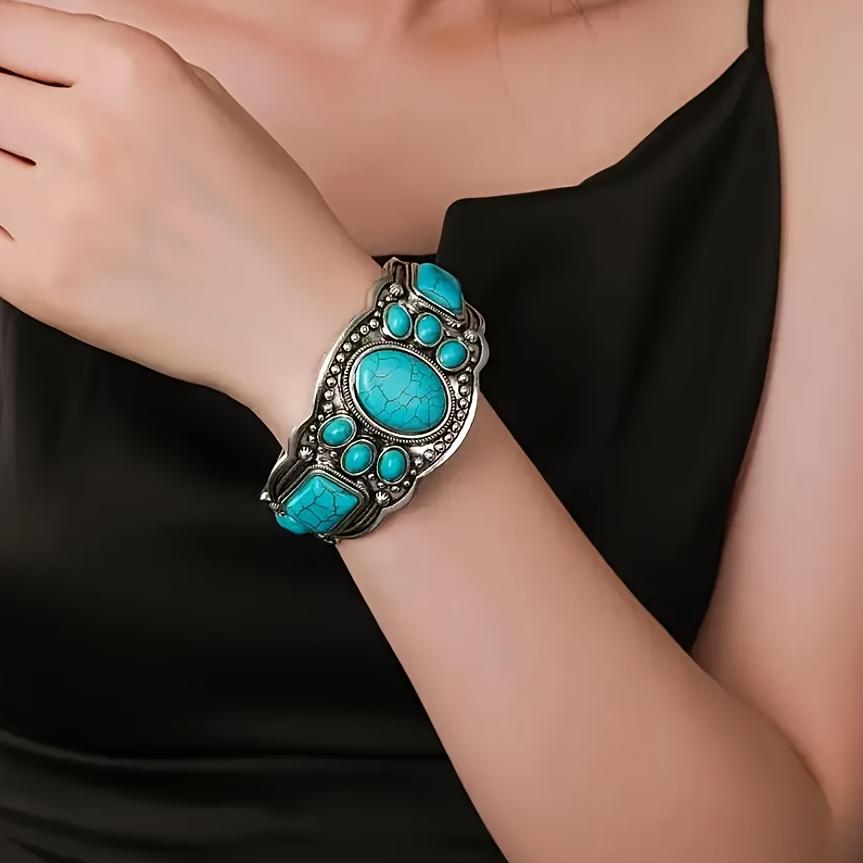 Women's Vintage Bohemian Natural Turquoise Round Bangle - Ethnic Theme, Beading Detail, Boho Beadwork, High-Quality Beads, Unisex Wear, Vacation Casual Accessory, Christmas Valentine's Day Gift Jewelry