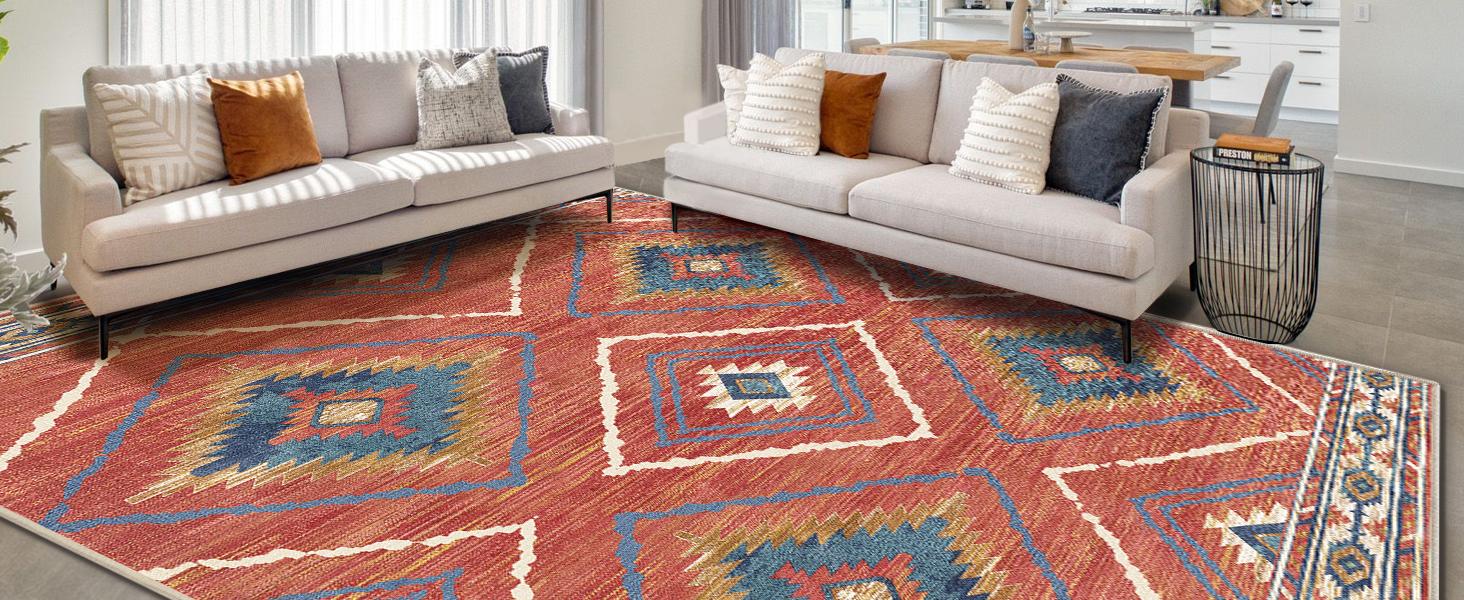 BESTSWEETIE Washable Rugs for Living Room, Area Rugs, Carpet, Soft Faux Wool Vintage Moroccan Runner Rug for Bedroom Non Slip Tpr Backing Low Pile, Distressed Aztec Rug