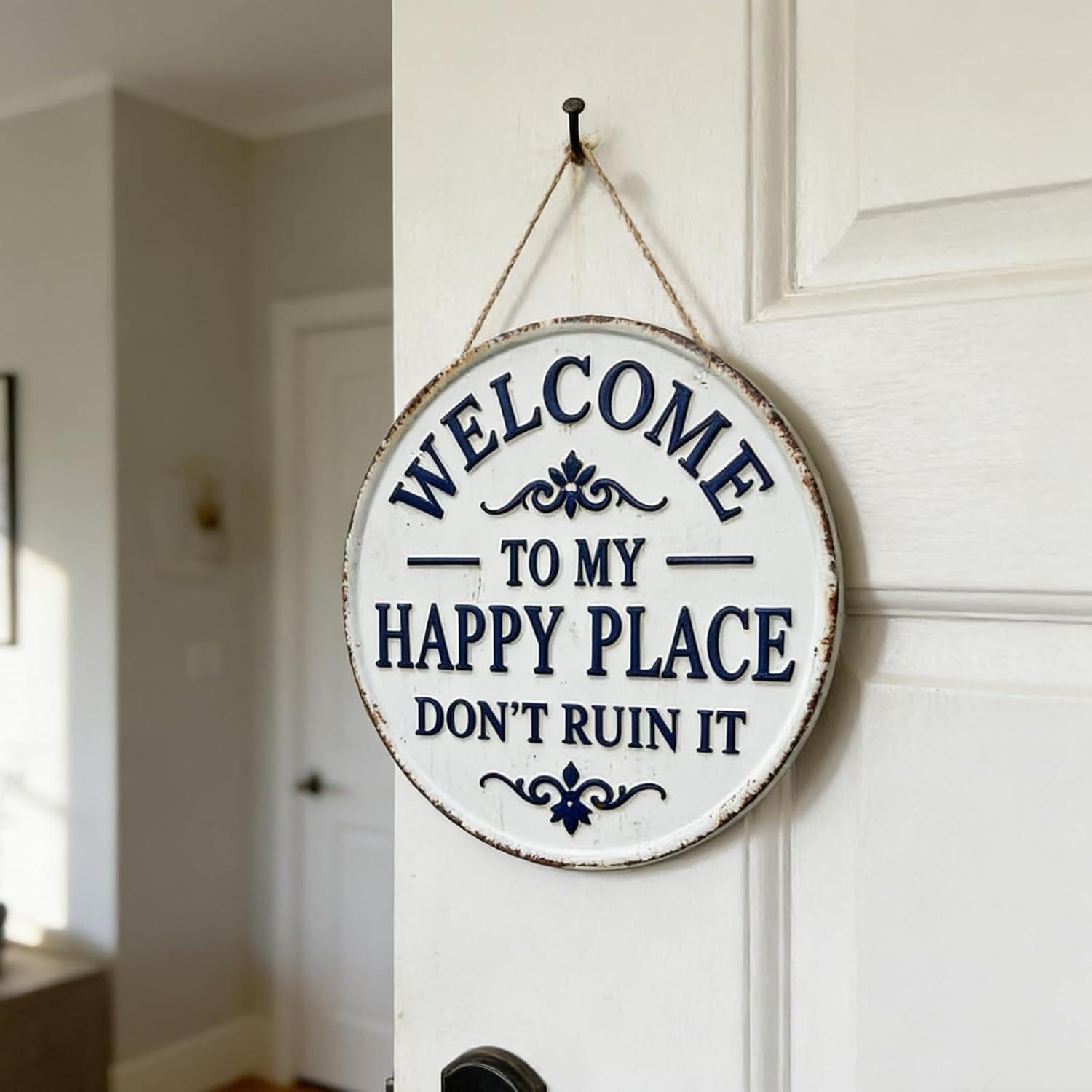 Happy Place – Vintage Statement Metal Sign,"This Is My Happy Place Don't Fuck It Up" Round Garden Wall Decor, Hanging Decorative Signs & Plaques, For Front Door Home Office Kitchen Bedroom, Yard Sign, Signage