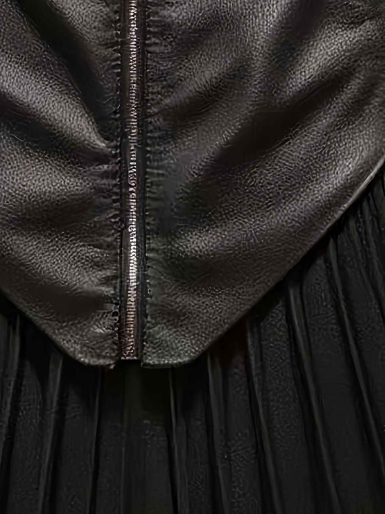 Elegant Women's High-Waisted Short Skirt, Leather and Mesh Patchwork Pleated Skirt, Casual Office Fashion, All-Season Wear, Zipper