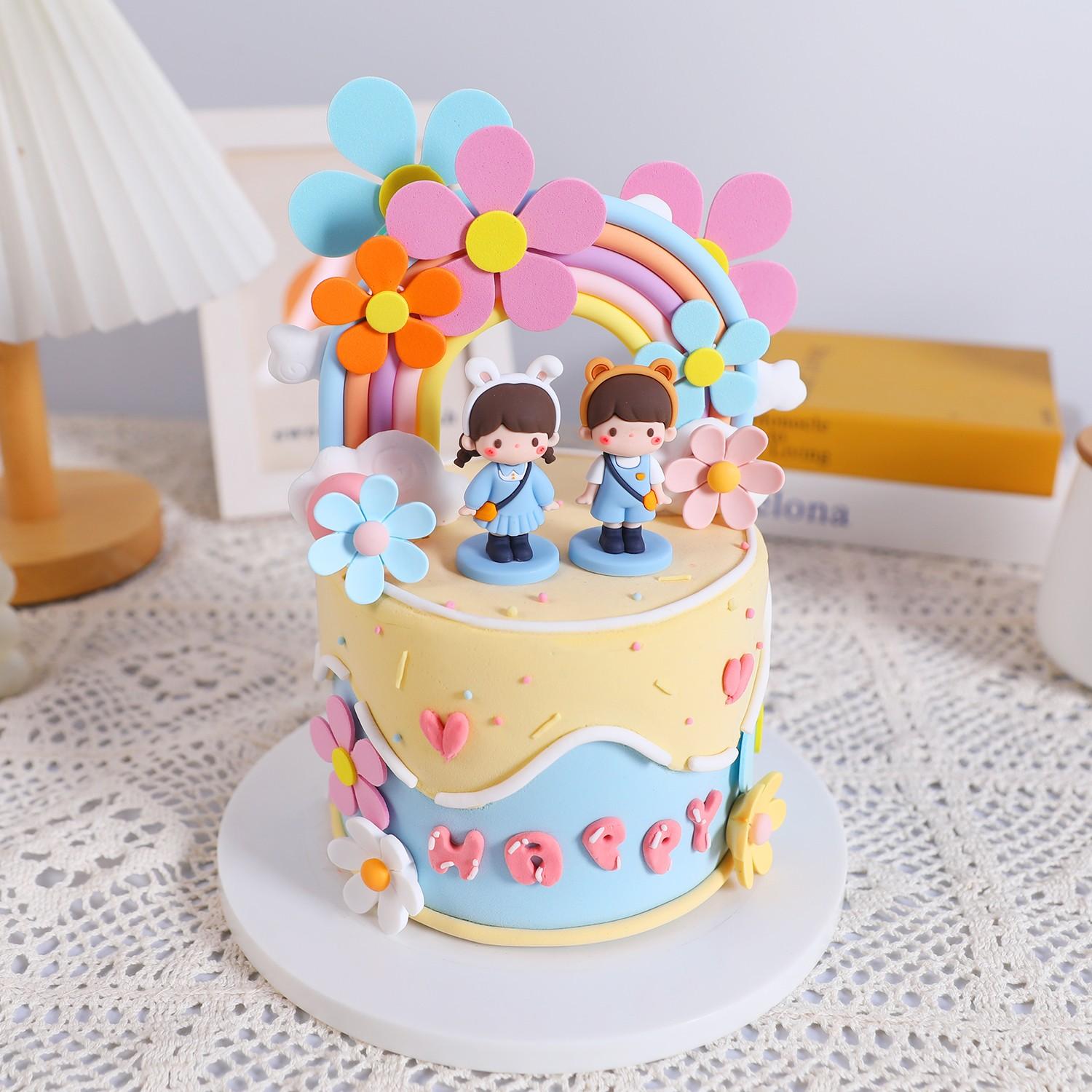 Macaron Rainbow Doll Cake Decoration Set, Kids Birthday Baking Decorations, Baby Birthday Party Dessert Arrangement, Complete Kit