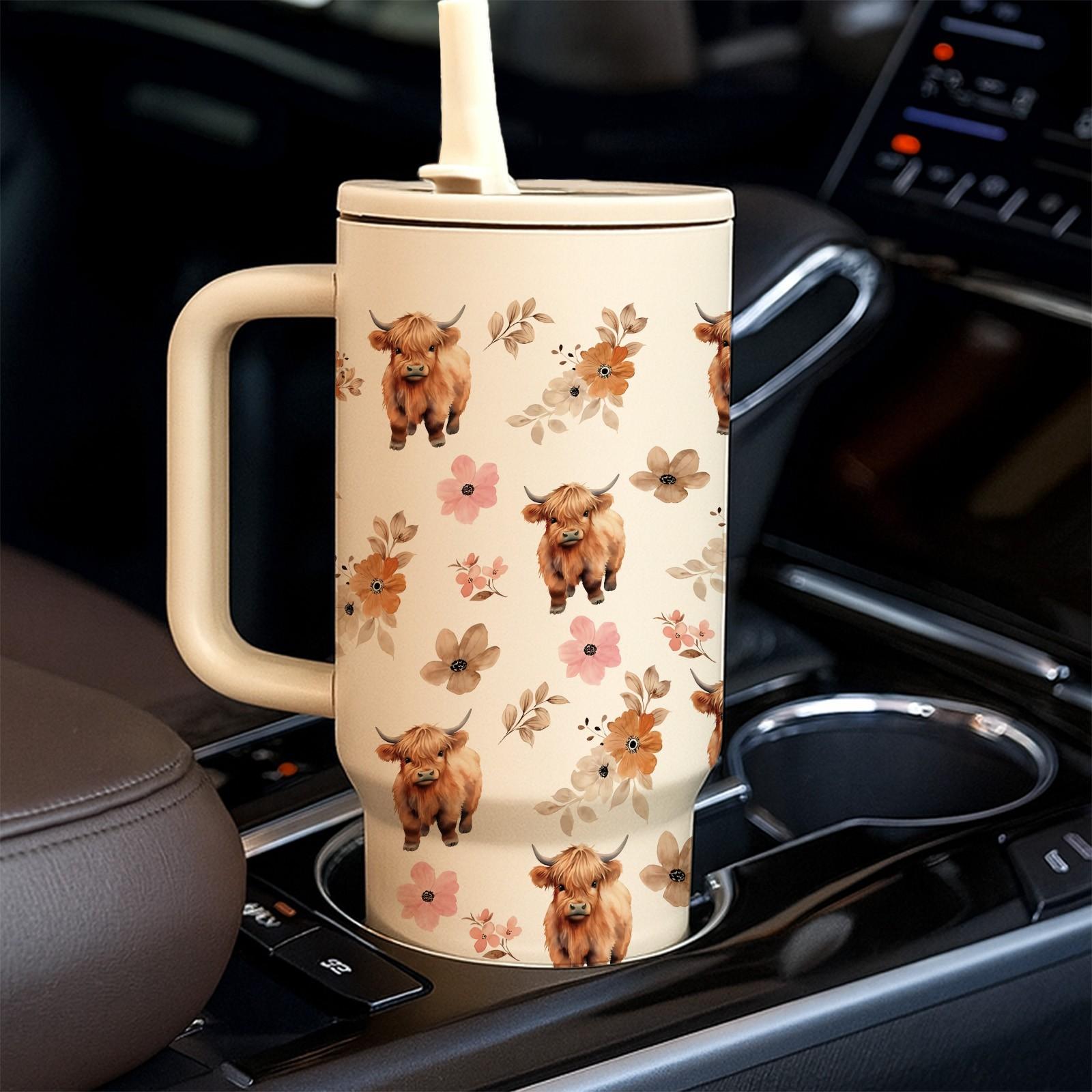 40oz Straw Handle Car Tumbler with Highland Cow Floral Print, Large Capacity Insulated Cup for Car Holder, Easy Sip Straw Lid, Comfortable Handle for Carrying, Keeps Drinks Hot or Cold for Hours, Aesthetic Country Style Design, Perfect for Daily Use, Comm
