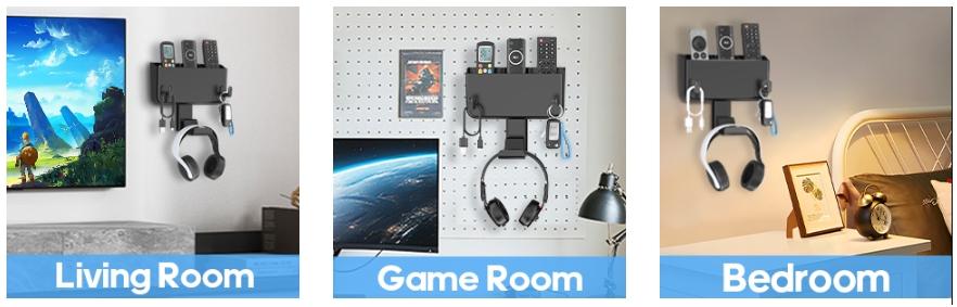 Adhesive Remote Control Holder Wall Mount with Headset Hanger, 3 in 1 Organizer TV/Fan Remote Caddy with Hook for Headphone, No Drill Controller Storage Bracket, Bed Wall Rack