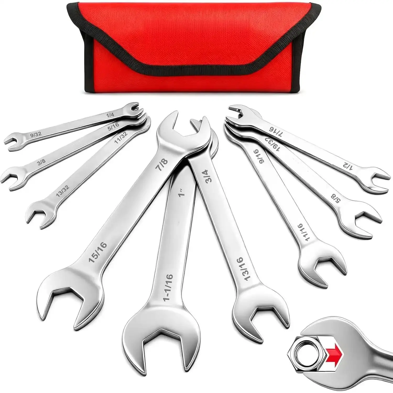 9-Piece Super Thin Open-End Wrench Set, SAE 1/4"-1-1/16", 3mm Thickness Slim Wrench Set for Tight Spaces, Nickel Plated Flat Wrenches with Rolling Storage Pouch