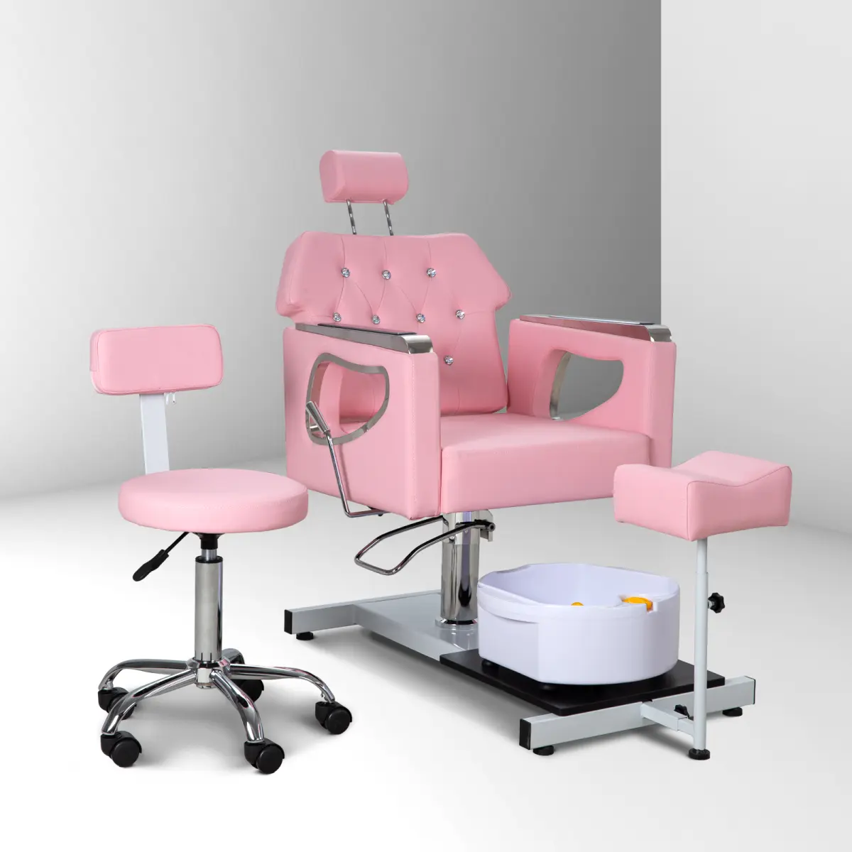 Aobtkel No-Plumbing Reclining Pedicure Chair with Metal Frame, Adjustable Height, Adjustable Seat, 360-Swivel, Hydraulic Foot Spa, Footrest, Massage Foot Bath - Pink Commercial Salon Furniture On-Site