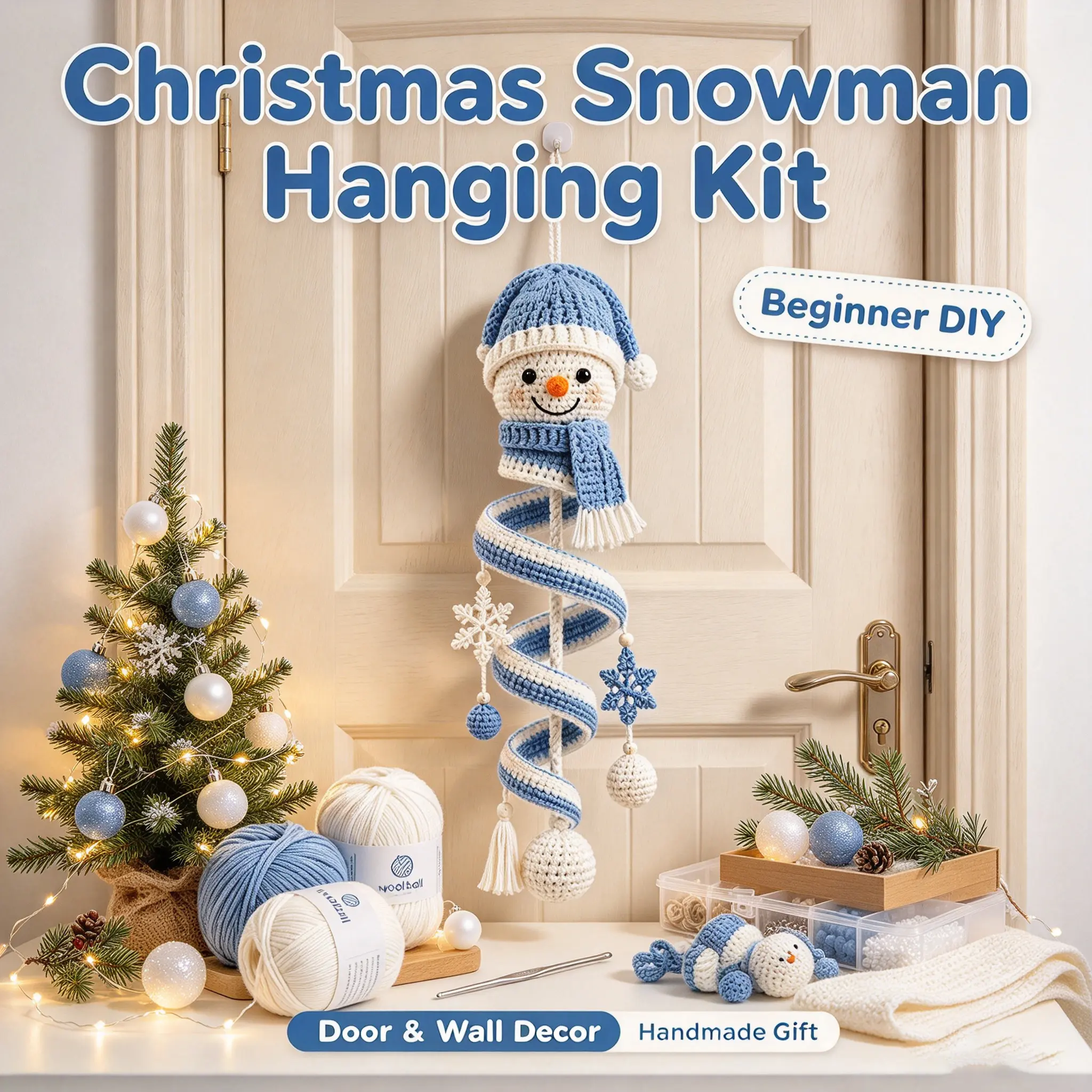 Snowman Spiral Hanging Ornament Crochet Kit, Beginner Friendly DIY Christmas Craft Kit with Soft Yarn, Hook, Stuffing & Decor Accessories, Cute Snowman Wind Chime for Door, Wall & Holiday Decoration, Handmade Gift for Family, Friends, Kids and Granddaught