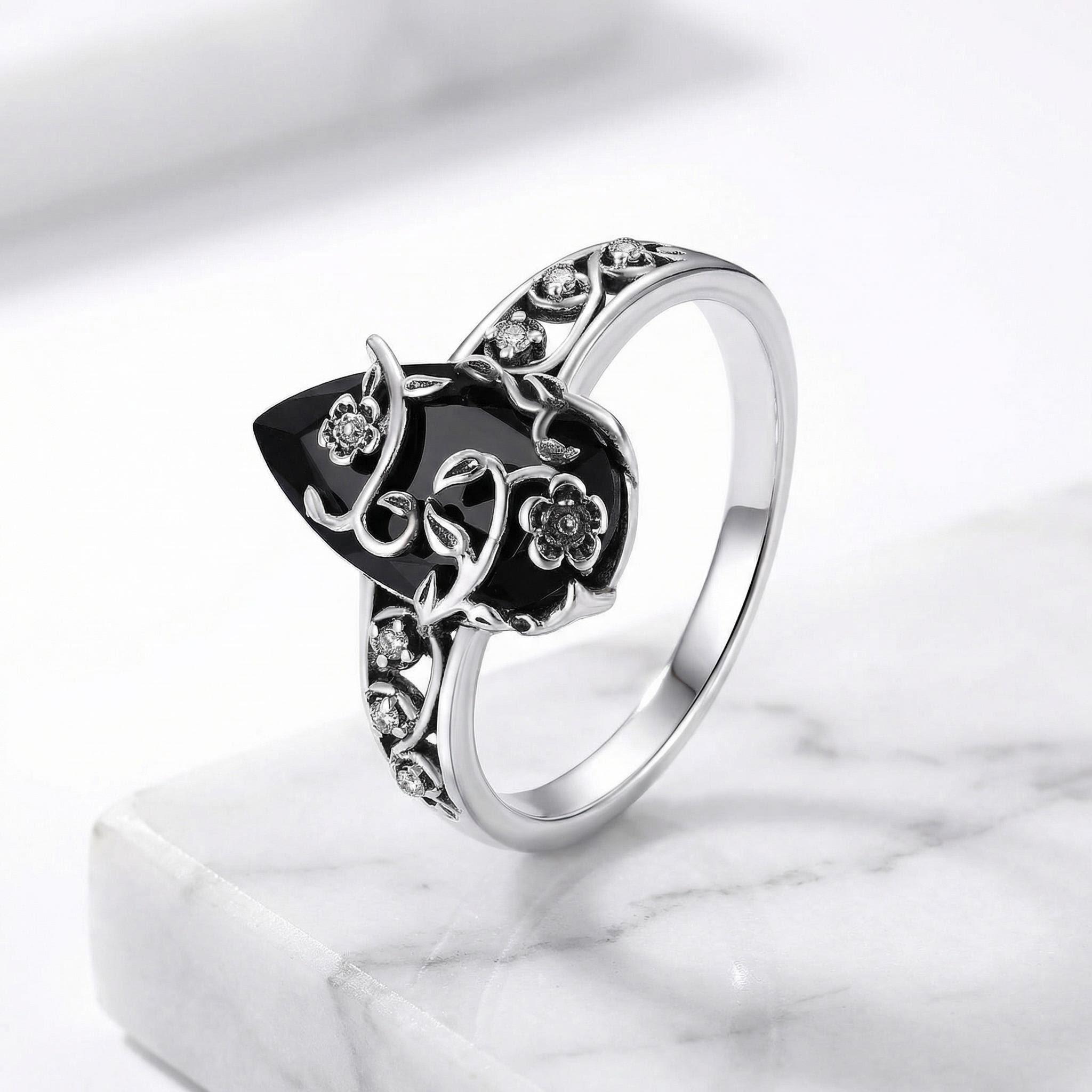 Vintage black synthetic obsidian flower ring