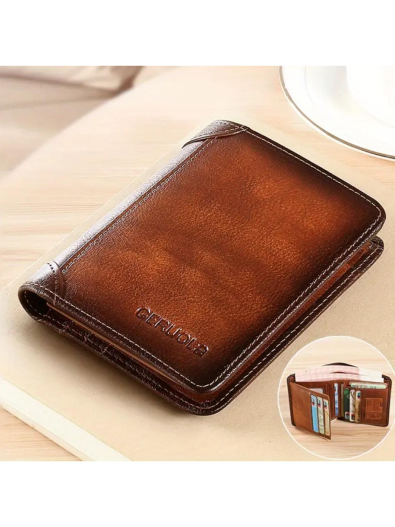Men's Genuine Leather Business Style Bifold Leather Wallet Business Minimalist Wallet RFID Blocking Ultra-Thin Top Layer Cowhide Short Multifunctional ID Credit Card Holder Christmas Gift Business Wallets