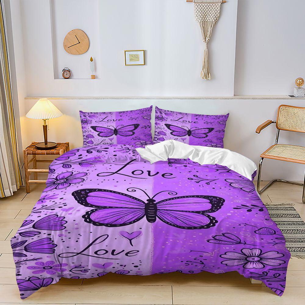 2/3Pcs Whimsical Purple Butterfly Duvet Cover Set, Romantic Floral Design Bedding Set, Soft Microfiber Material, Perfect for Dreamy Bedroom Decor, Love-Themed, Intricate Hand-Drawn Details, Includes 1 or 2 Pillowcase - No filling/Zipper Closure