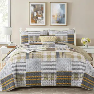 Brown Quilt Set King Size,3 Pieces Plaid Striped Bedspread Coverlet Set for Spring Summer,Reversible Patchwork Cozy Bedding with Pillowcases(King,110"x90")