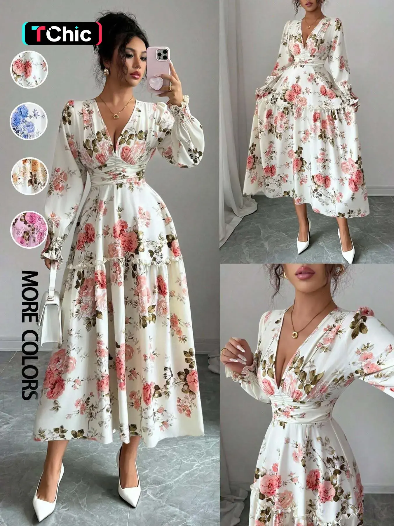 Women's French Style Frill Trim Shirred Ruched Cuffs Ruffled Long Sleeve Lantern Sleeves Slimming Floral Print Maxi Dress, Casual Wear for Spring
