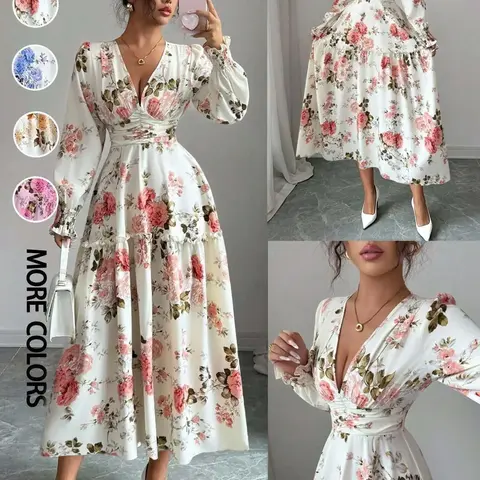 Women's French Style Ruched Cuffs Ruffled Long Sleeve Lantern Sleeves Slimming Floral Print Maxi Dress, Casual Wear for Spring, Floral Prints Dress