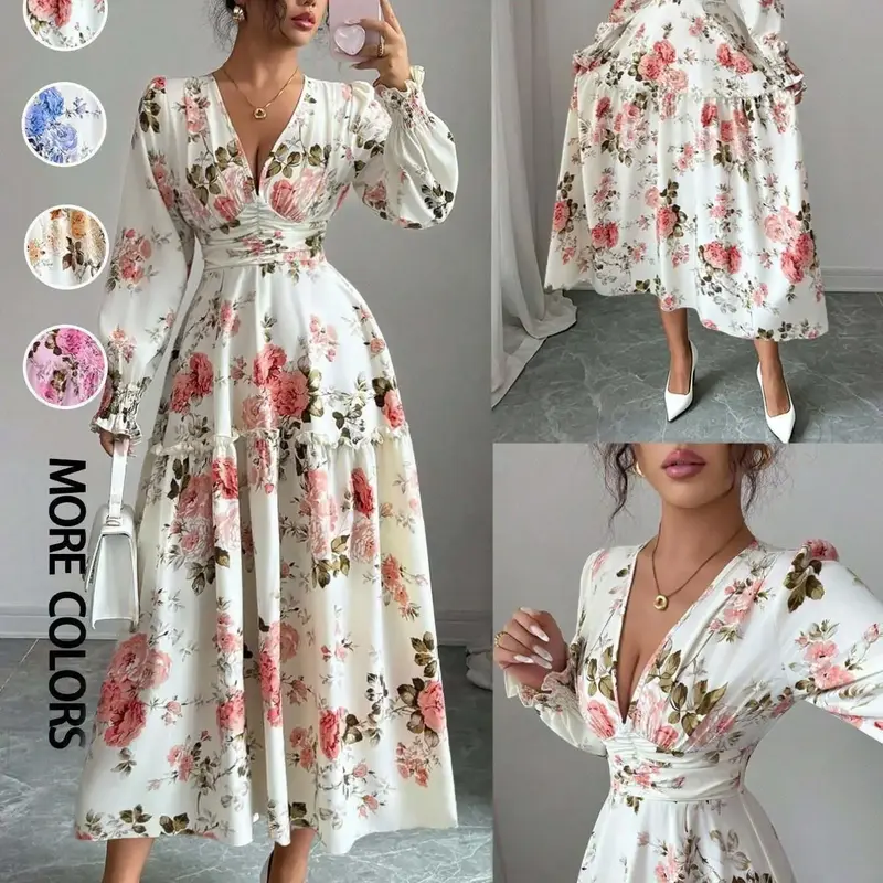 Women's French Style Ruched Cuffs Ruffled Long Sleeve Lantern Sleeves Slimming Floral Print Maxi Dress, Casual Wear for Spring, Floral Prints Dress