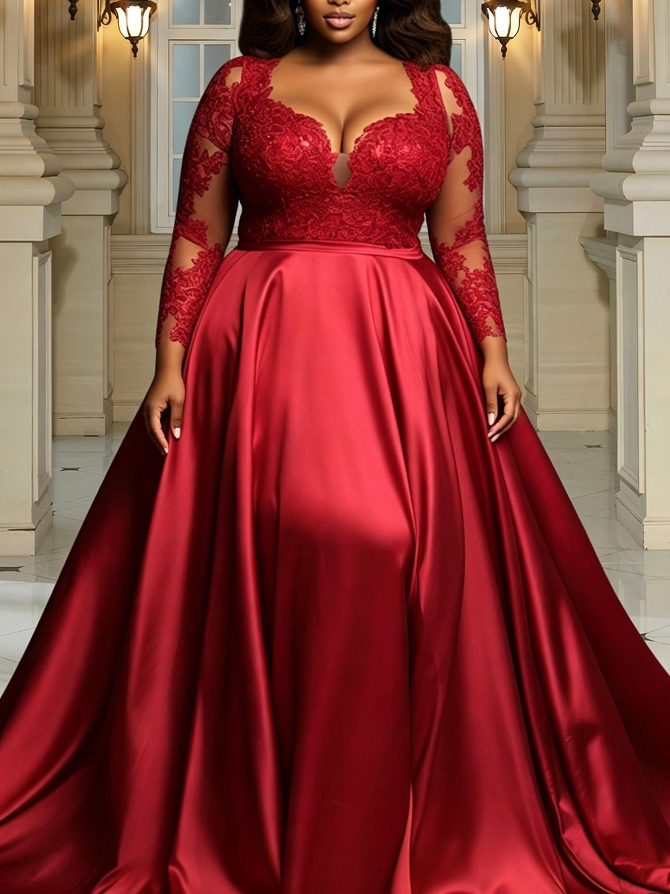 Elegant Heart Neckline Lace Mesh Patchwork Satin Long Dress, Plus Size Wedding Banquet Ball Gown, Slimming and Stylish Evening Dress