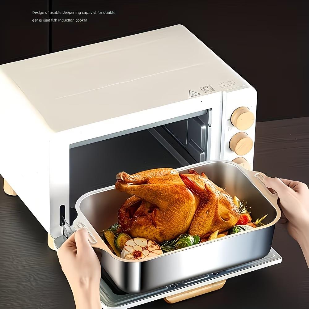 1 piece Thickened Stainless Steel Fish Baking Pan, Rectangular Non-Stick Oven Tray with Lid & Double Handles, Heat Resistant Kitchen Bakeware for Festival Seafood, Desserts, Bread, Home Restaurant Use