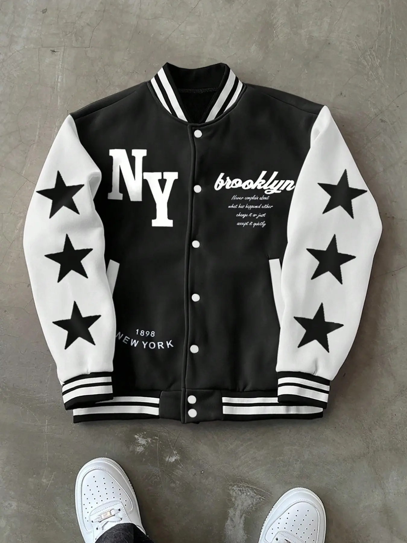 Men's New York Brooklyn Star Print Baseball Jacket, Contrasting Details, Front Buttons, Loose Fit, Long Sleeves, Streetwear Style, Coats