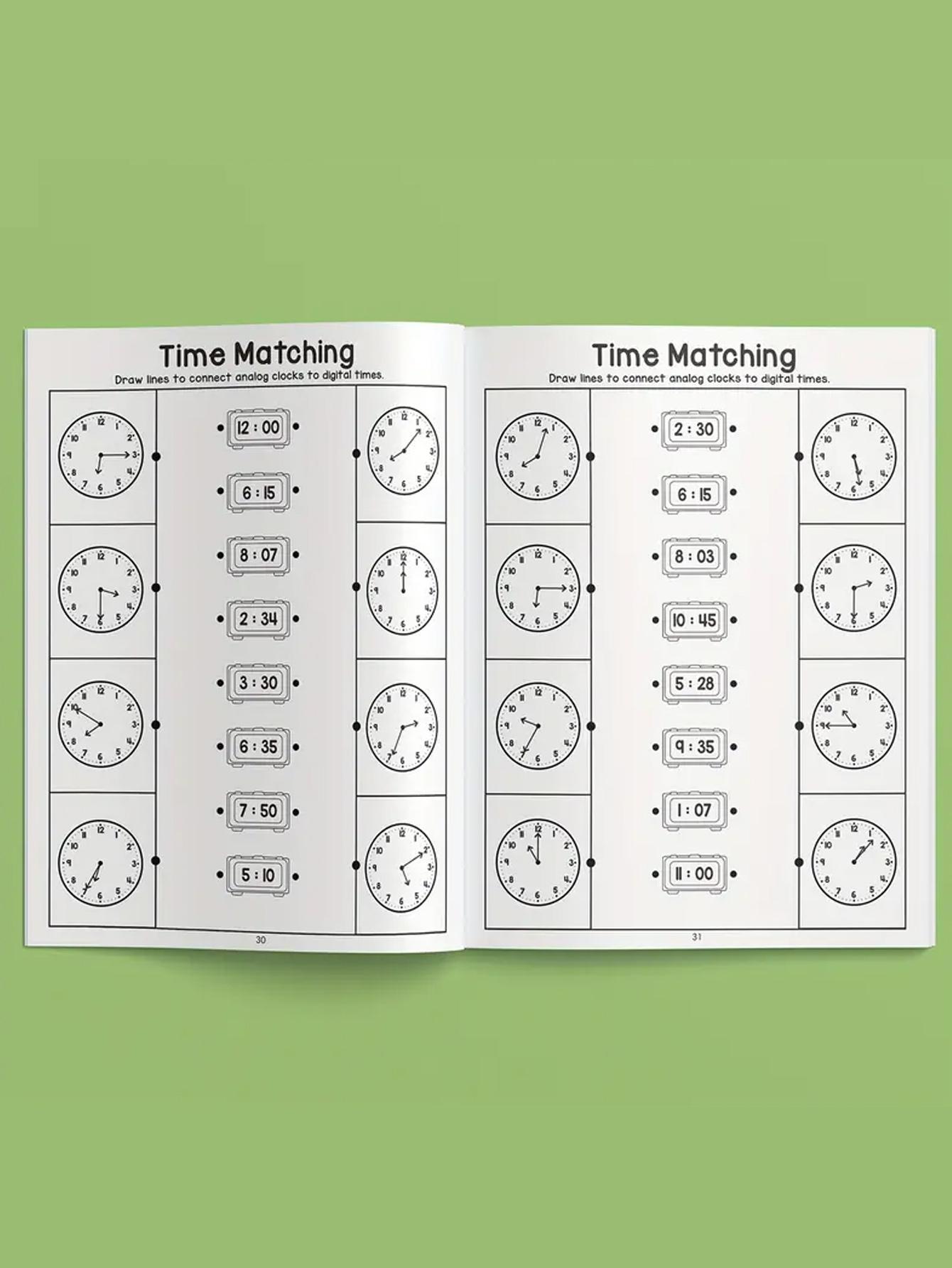 Time Table Practice Book, Learn Reading Analog and Digital Clocks, Colorful Clock Faces, Kindergarten Grade 1 Math Activity