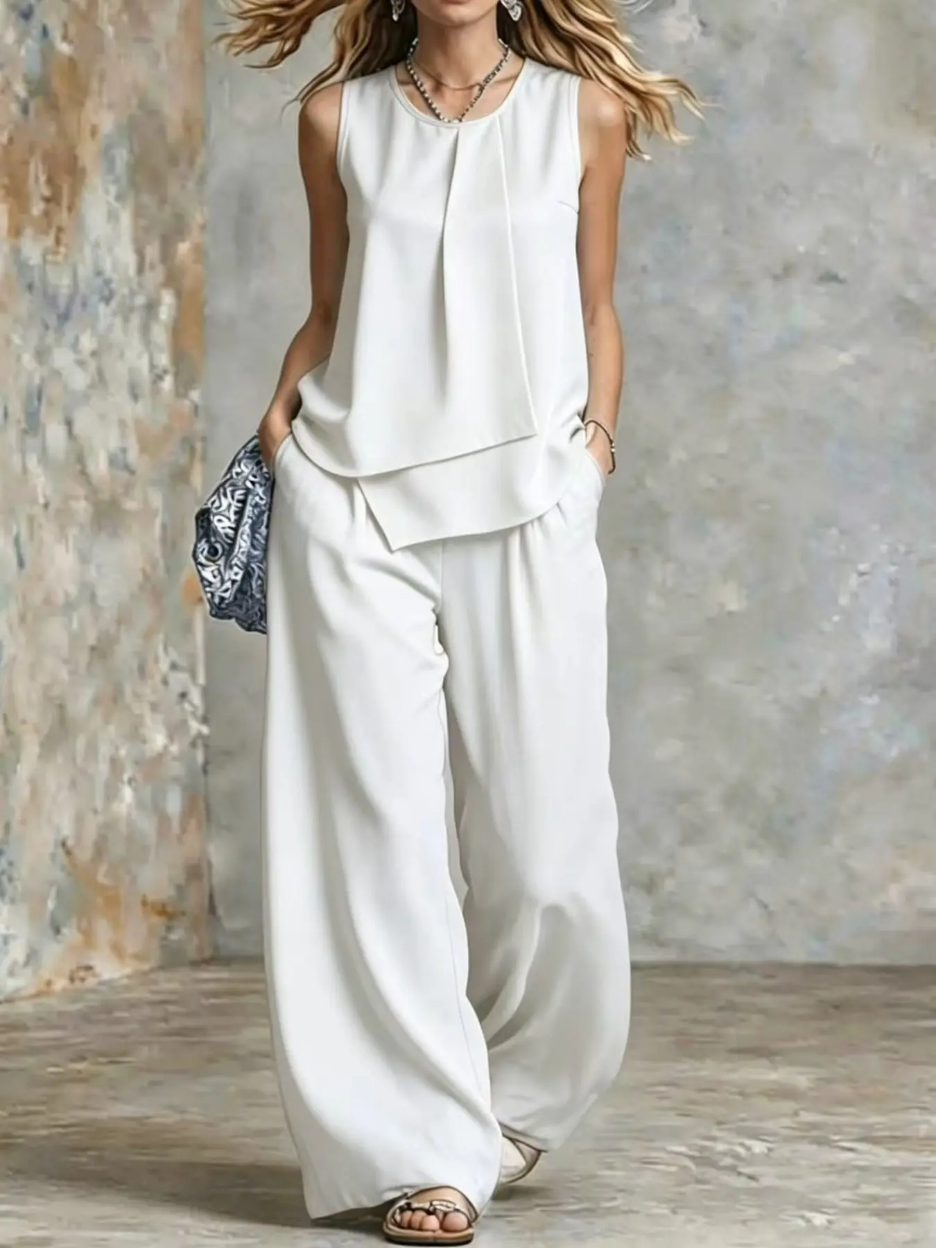 Women's Fashion Casual Sleeveless Blouse Set, Plain Color Double-Layer Top, Wide Leg Baggy Pants, All Seasons, Loose-Fitting, Unlined