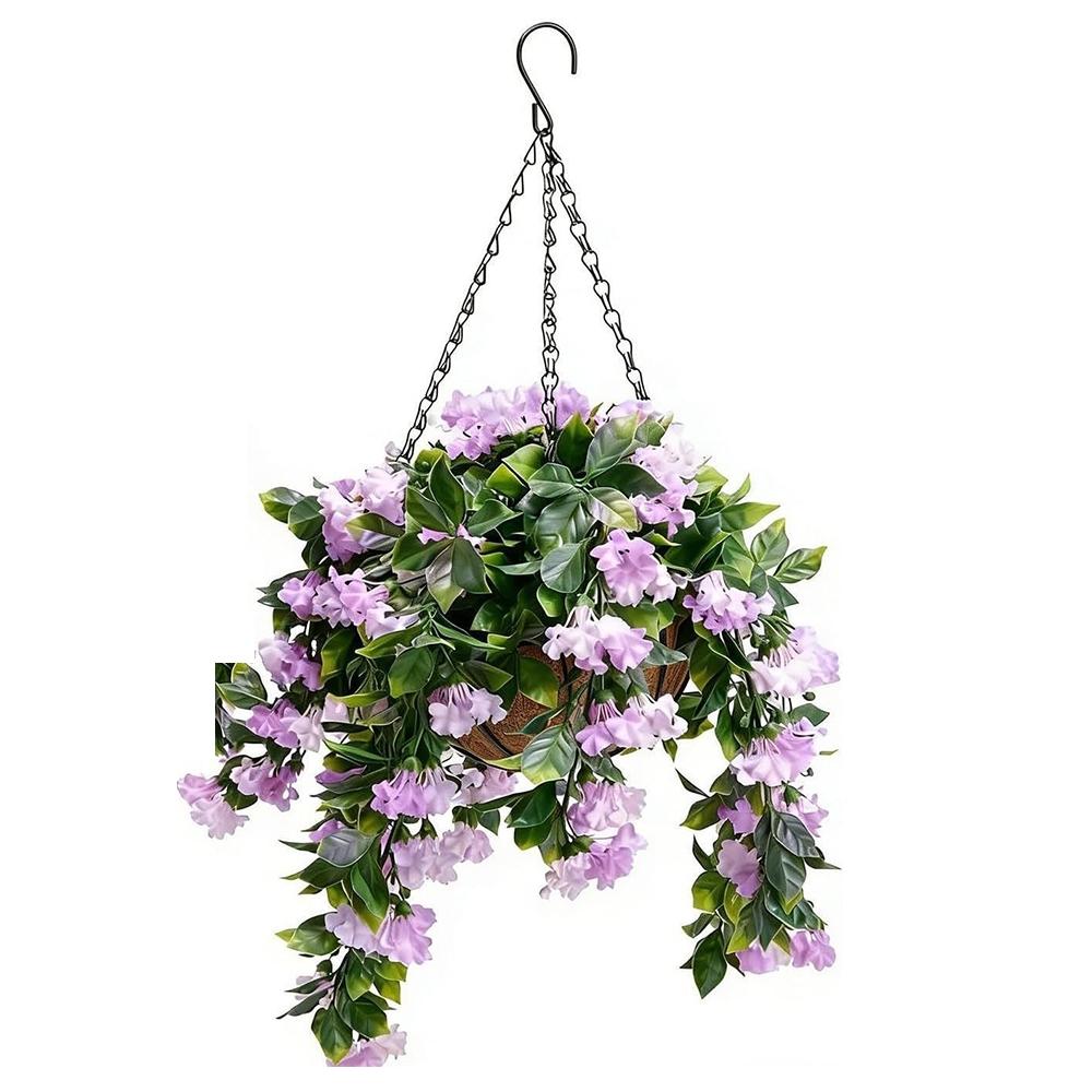 1pcs Artificial Hanging Flower Basket, Outdoor Balcony Garden Sunproof Durable No Maintenance Fake Plant Decorative Planter with Coir Pot