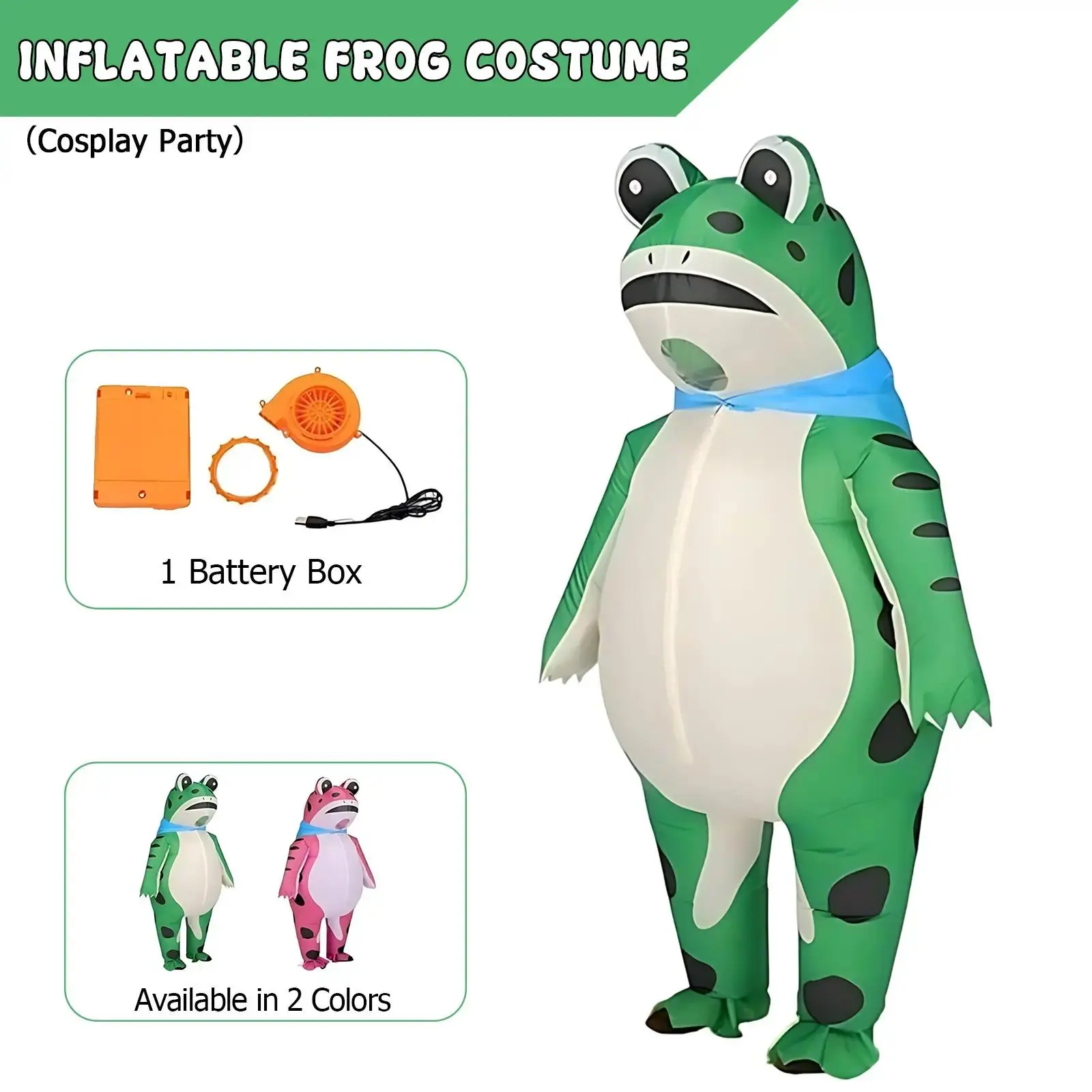 Adult Funny Frog Inflatable Mascot Costume, Cosplay, Fun Animal Shape, Unisex, Fits Height 59-75 Inches, Battery/USB Dual Power, Halloween Party Blue Clothes tail mermaid swimming Man Menswear