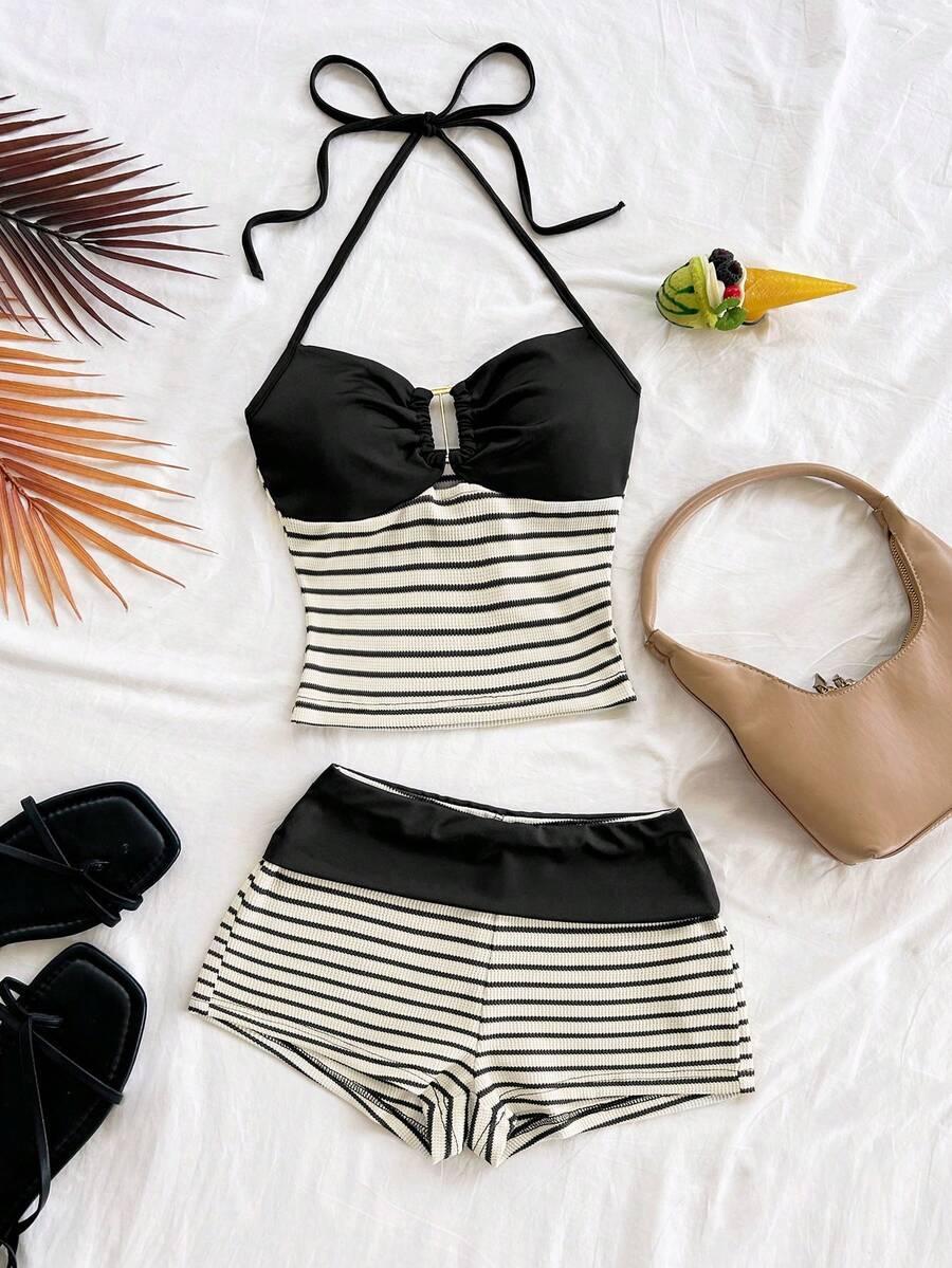 2-Piece Striped Knit Crop Top & Shorts Set, Boho Matching Set, Boho Style, Party Wear, Valentine's Day, Date Night, Beach, Fall Fashion, Beach Outfits Set